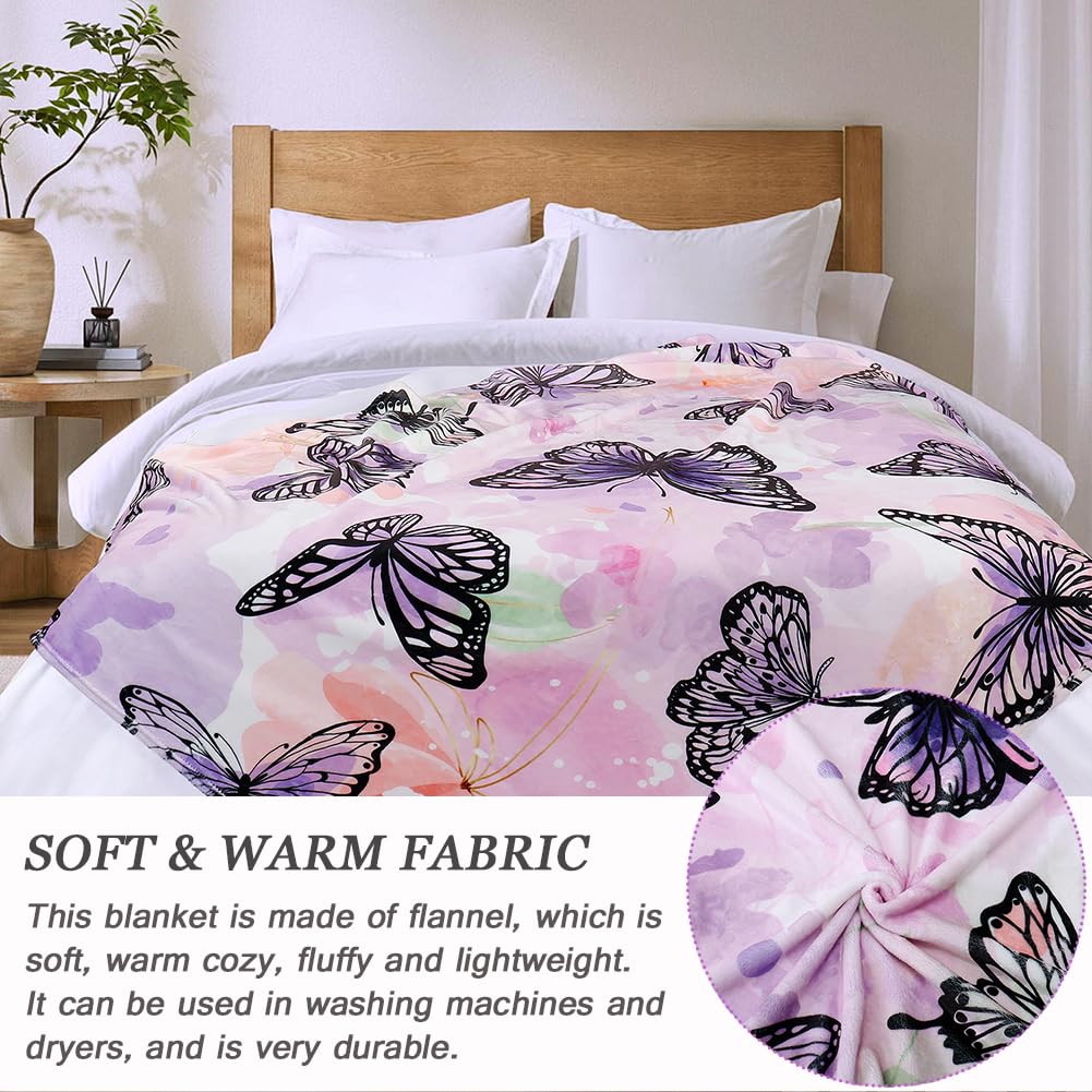 Butterfly Throw Blanket for Women Purple Butterflies Print Blanket Girl Gifts Blanket Soft Fuzzy Flannel Fleece Throw Blanket for Bed Couch 50” x 60”