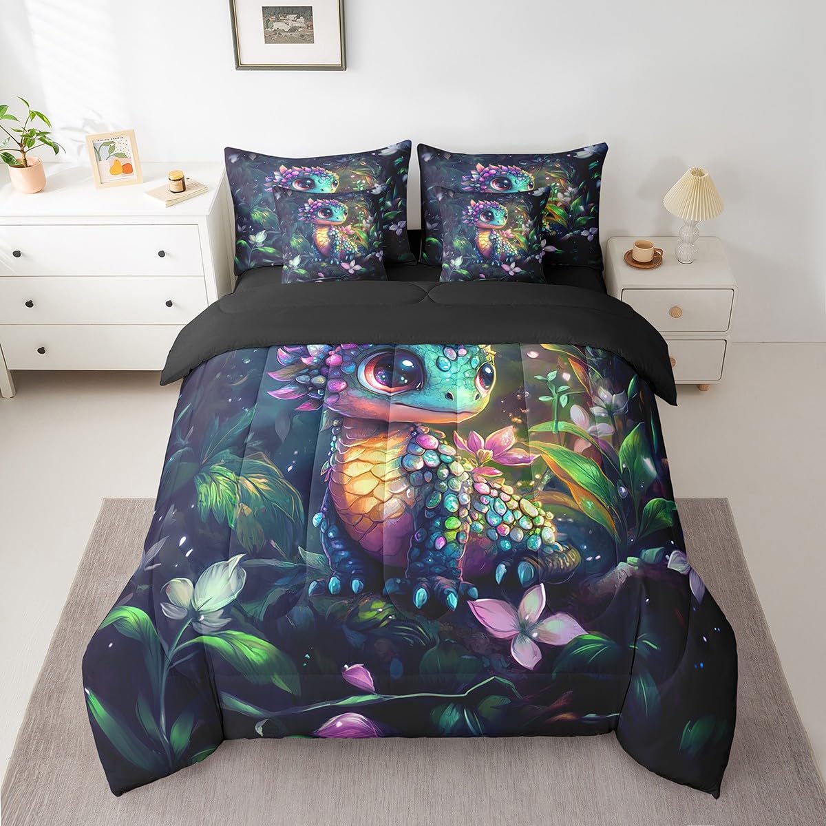 Feelyou Dragon Comforter Set with Sheets Twin Size Dragon Stuff Bed in a Bag for Boys Girls Teens Wild Life 7 Pieces Bedding Set Flower and Grass Bed Set Room Decor Balck Green