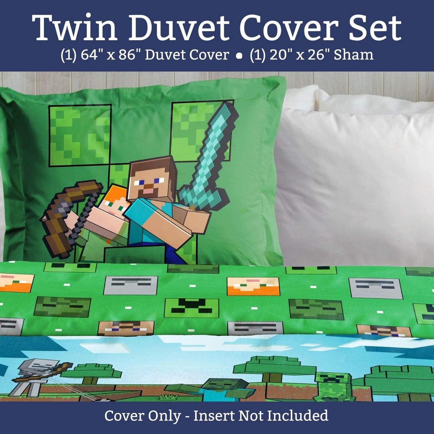 Jay Franco Duvet Cover Set – 2 Piece Comforter Cover and Sham Set, Super Soft Cozy Kids Bedding (Insert Not Included) Blue - Minecraft, Twin