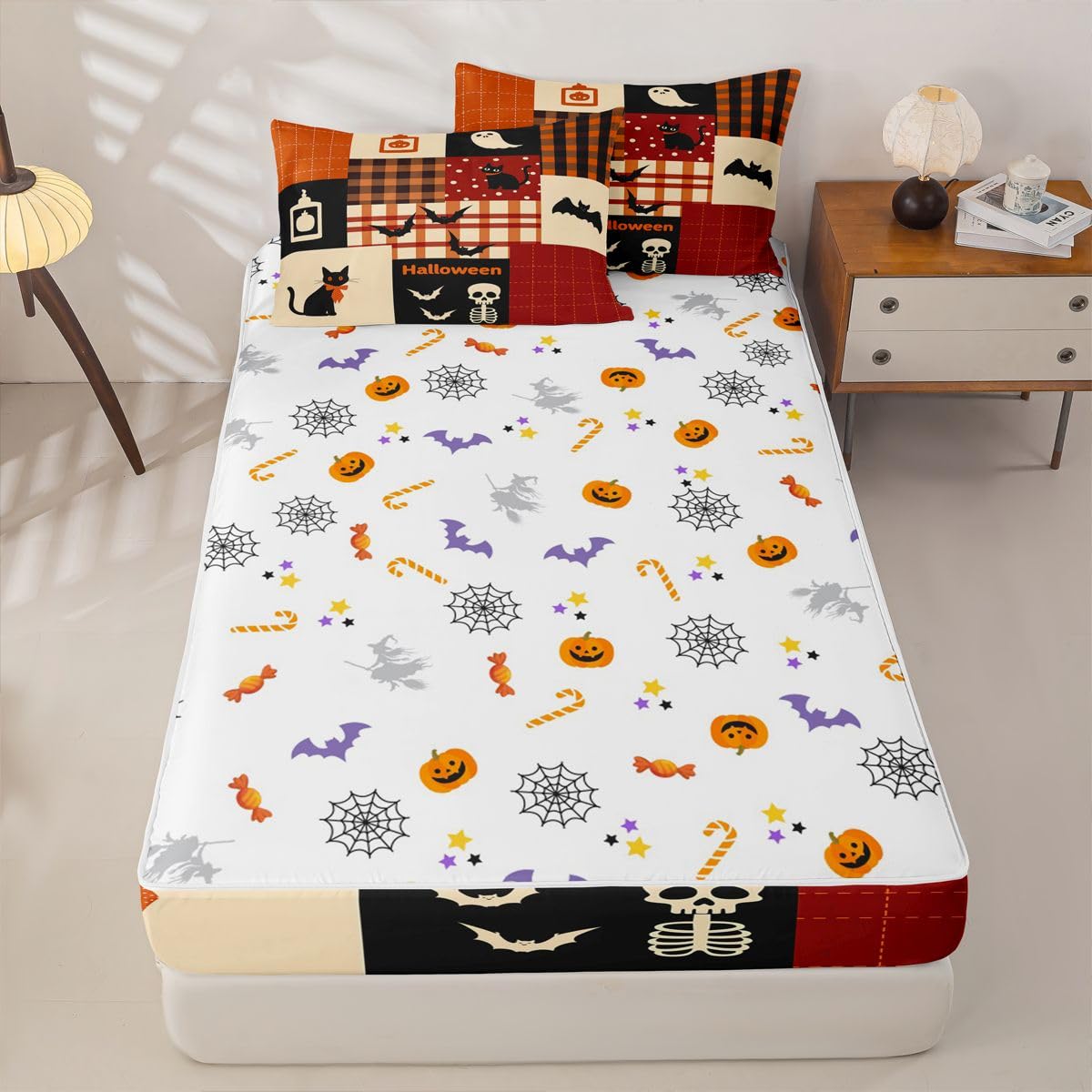 Feelyou Halloween Queen Zipper Bedding Set Pumpkin Kids Comforter Set with Fitted Sheet and 2 Pillowcases Brown Grid Patchwork Bed in a Bag Zip Up Bedding Soft Microfiber