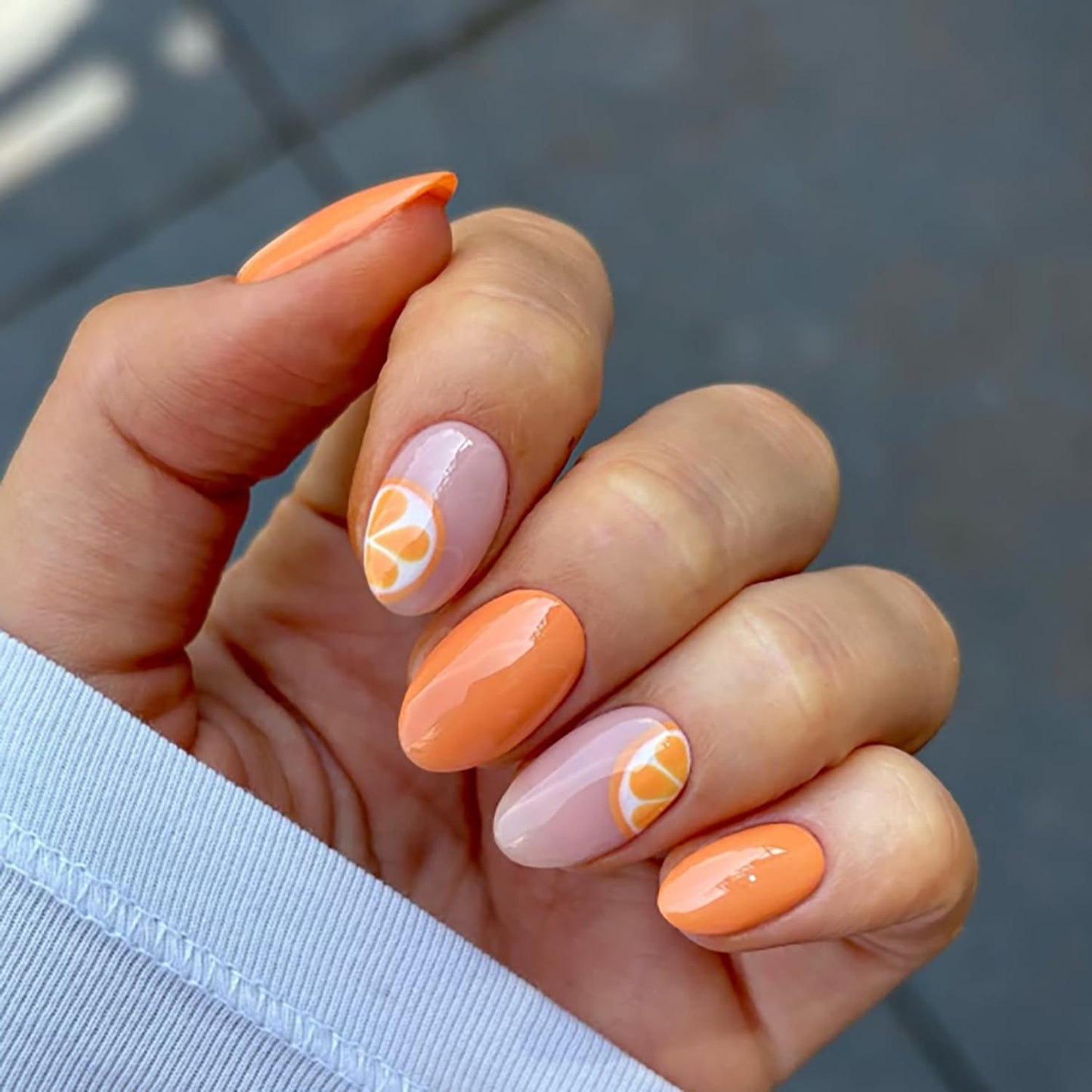 Orange Press On Nails Short Almond Fake Nails Press Ons With Orange Design False Nails Summer Acrylic Nails Glossy Glue On Nails For Women