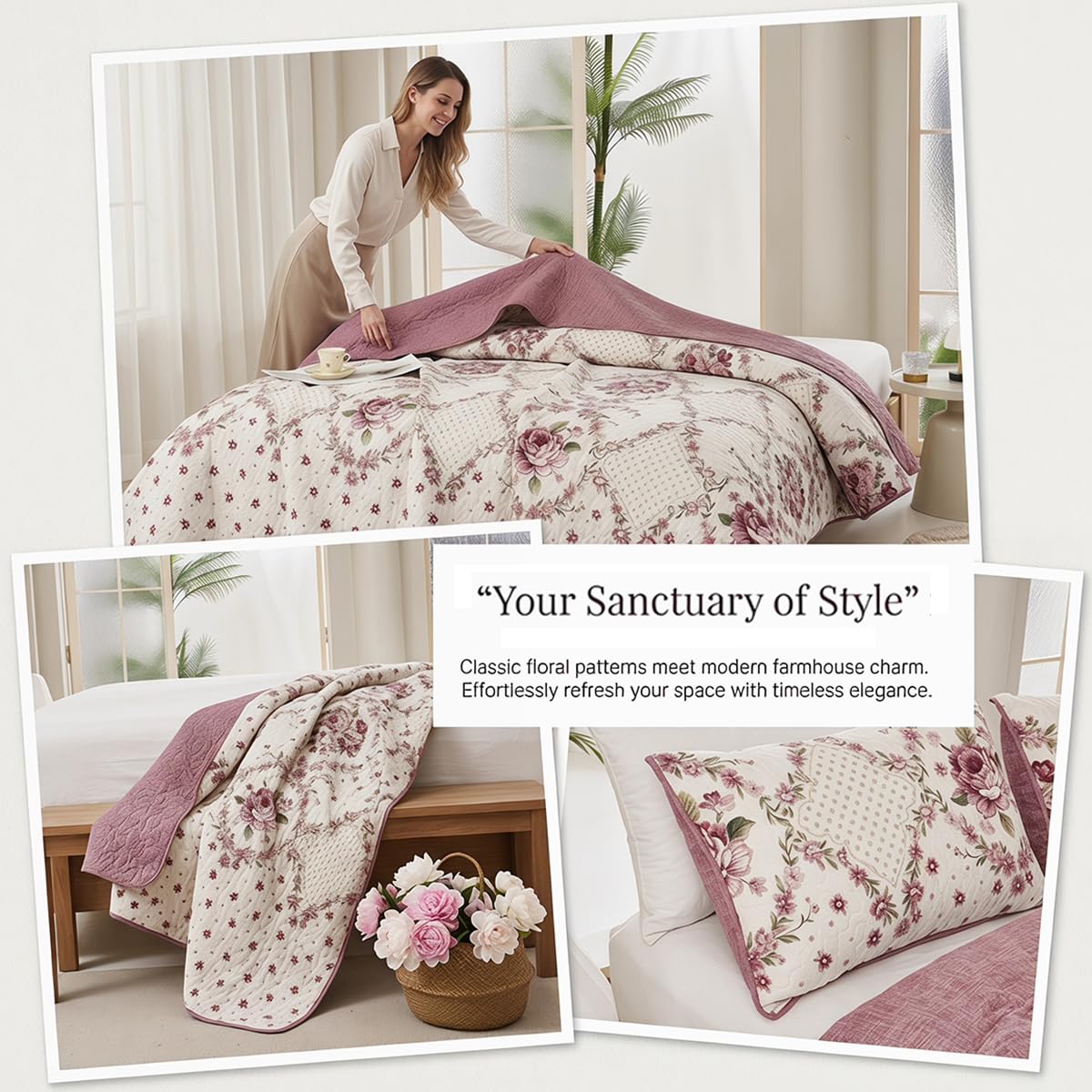 Boho Purple Rose Floral Quilt Set King Size, 3 Piece Lightweight Summer Bedding Set with 2 Pillow Shams, Soft Reversible Microfiber Bedspread, Farmhouse Coverlet for All Season (Purple Rose, King)