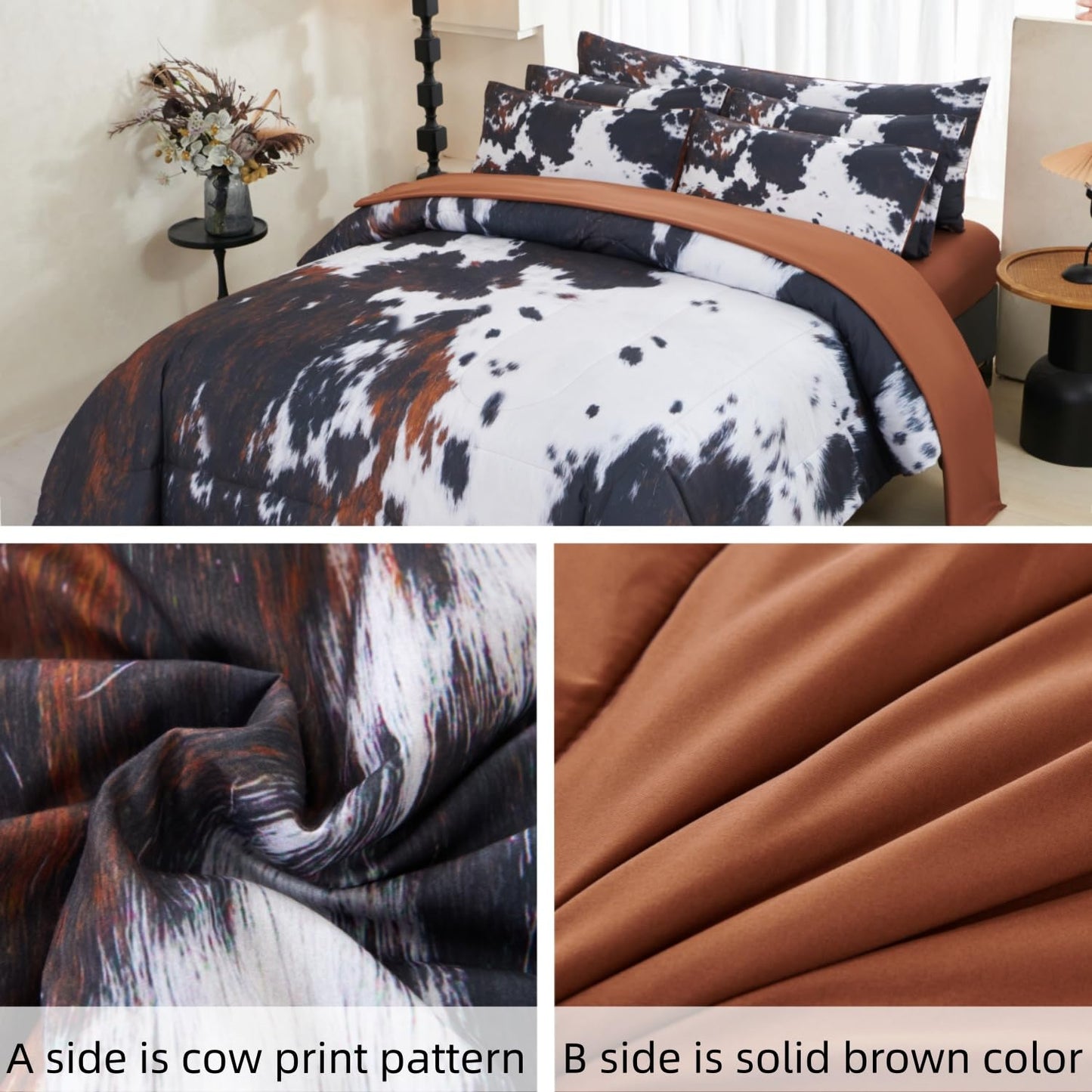 SUCSES Cow Print Comforter Sets Full Size 8 Pieces Brown Bedding Set Farmhourse Western Rustic Bed Set Black and White Bed in A Bag with Flat Fitted Sheet