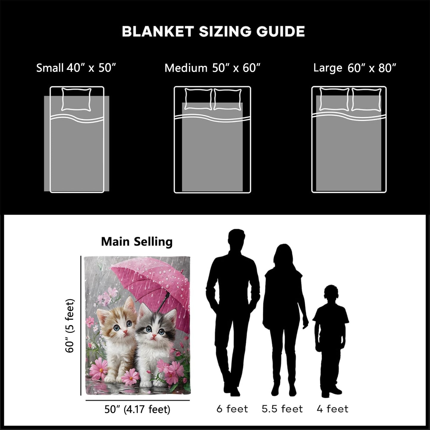 xmwjfd Adorable Kitten Rainy Day Blanket, Cozy Plush Cute Cats with Flowers Throw Blanket for Couch Bedroom Outdoor, Lightweight Soft Flannel Travel Blankets, Gifts for Women Kids, Warm Decor 50"×60"