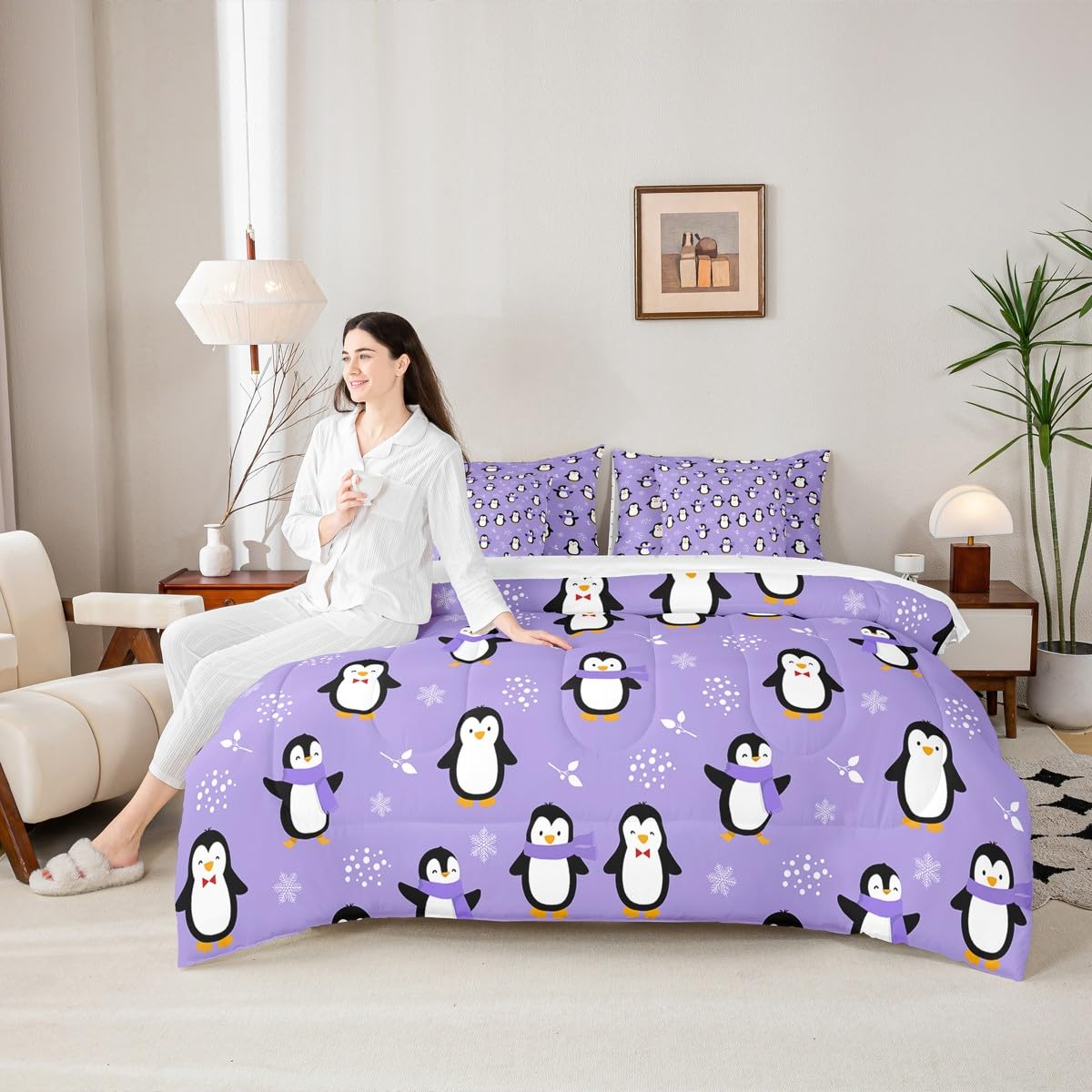 Erosebridal Penguin 7 Piece Bedding Set King Kawaii Kids Comforter Set with Sheets Antarctic Animal Bed in A Bag Cartoon Cute Winter Snowflake Bed Sets