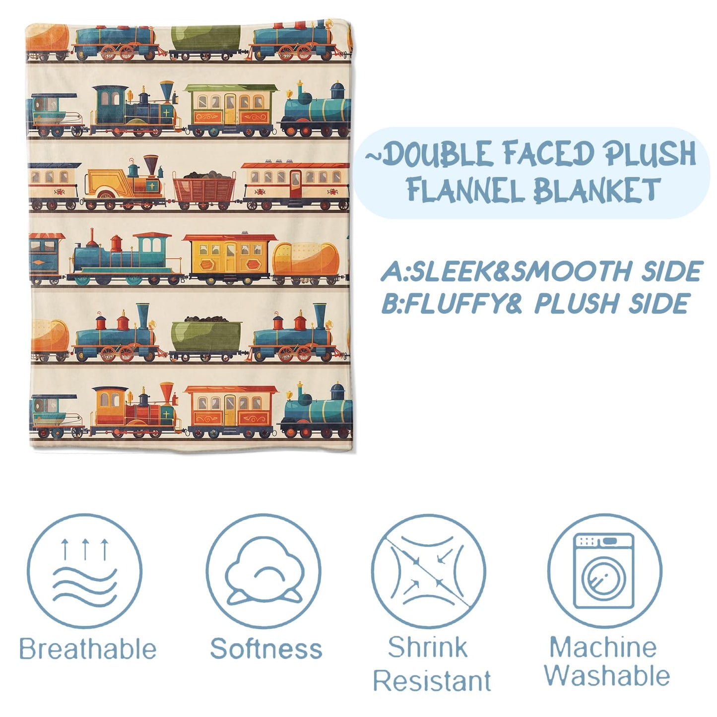 Train Blanket for Boys Kids, Train Gifts Bedding Decor Flannel Train Throw Blanket, Train Stuff Decorations Warm Soft Blanket for Bed Sofa Office 60" x 50"