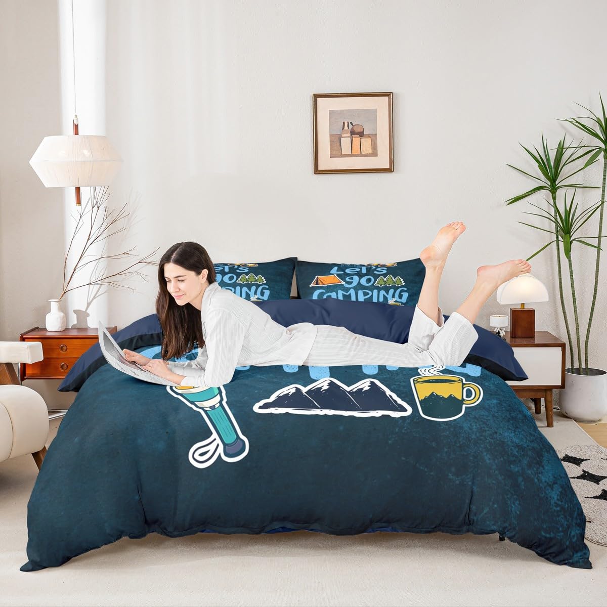 Happy Camping Duvet Cover Set King,Cartoon Camper Theme Comforter Cover Rustic Farmhouse Style Quilt Cover Navy Blue Bedding Set 3pcs for Kids Girls Teens Boys Room Decor with 2 Pillowcases