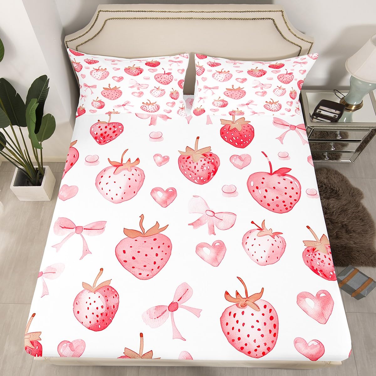 Homewish 4 Pieces Bow and Love Full Size Sheet Set Soft Microfiber Strawberry Fitted Flat Sheets and Pillowcases Pink Cartoon Bedding Sets for Kids Teens Adults