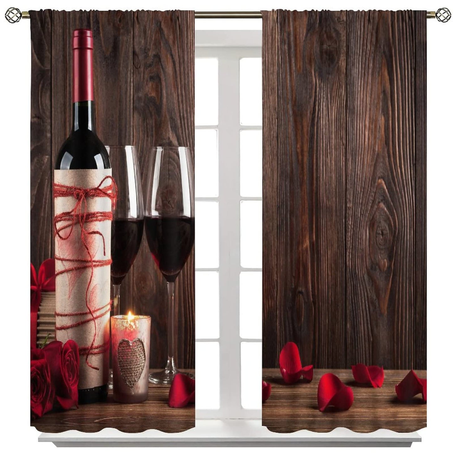 Red Rose and Wine Blackout Curtains, Red Wine Glass and Rose on Old Rustic Wood Window Drapes Rod Pocket Curtains, for Kitchen Living Room Bedroom 42x45in 2 Panels