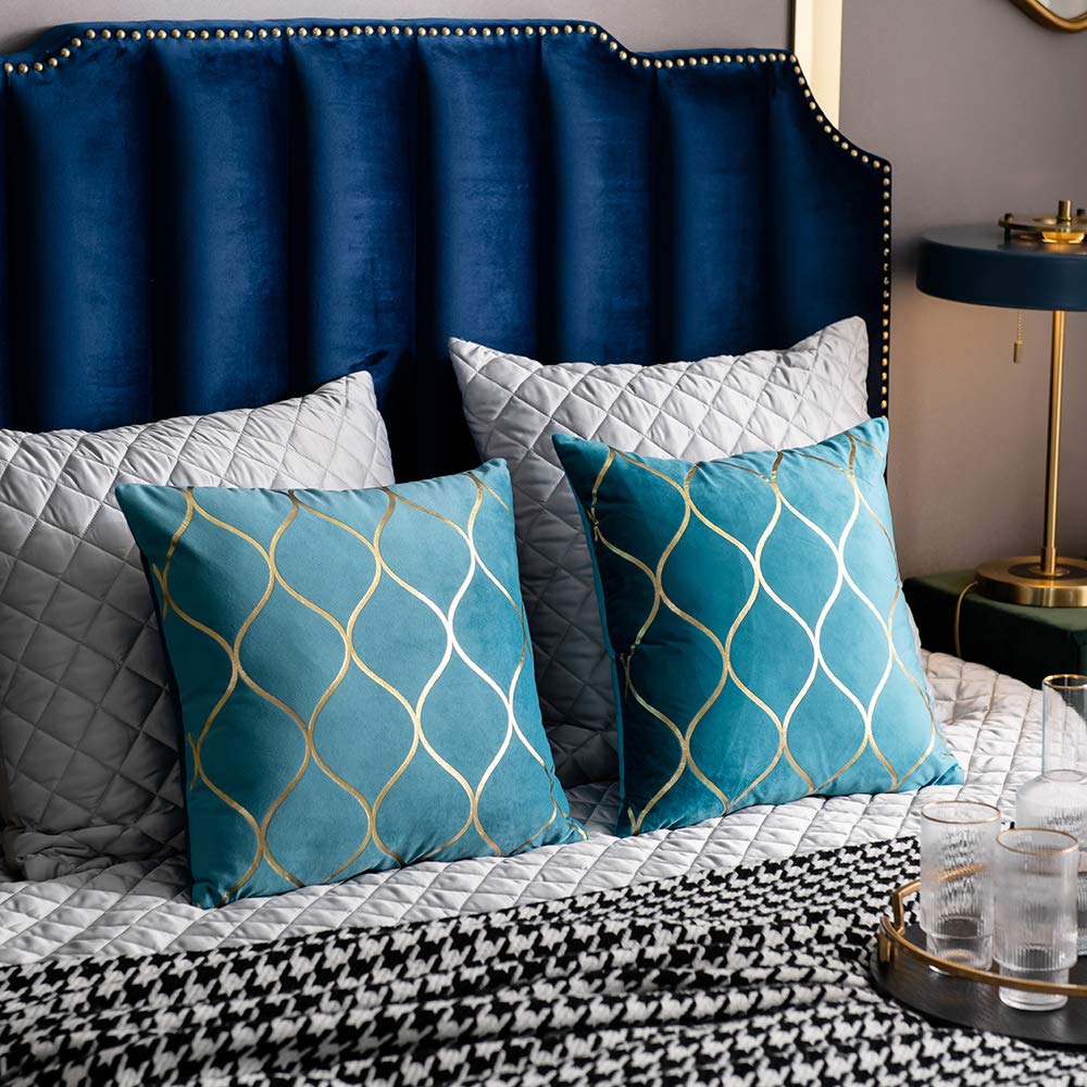 DEZENE 20x20 Inch Gold Velvet Throw Pillow Covers: 2 Pack Square Decorative Pillow Cases for Bedroom Sofa Couch Living Room, Turquoise
