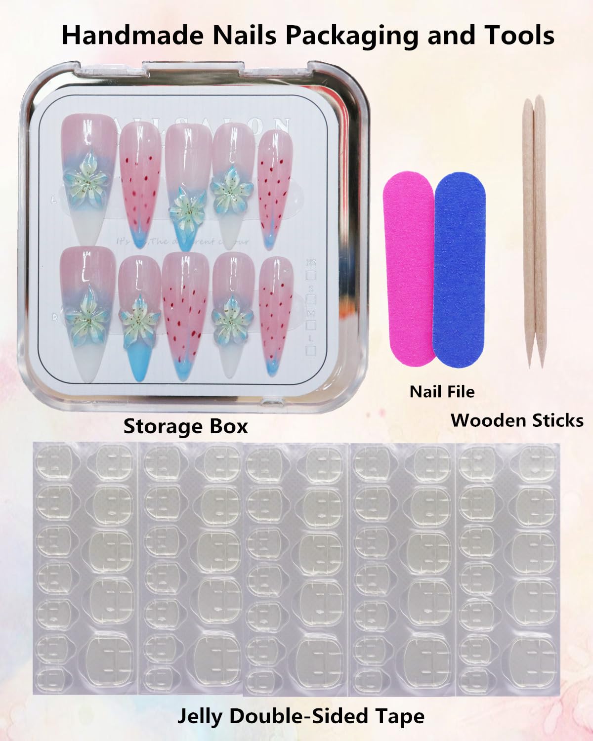 CAMILCY Luxury Handmade Press on Nails Pink Blue Gradient Stiletto nail Cherry Blossom Glitter Fake Nails with 3D White Flower Acrylic Glossy Reusable Elegant Artificial Nails for Women (A022, M)