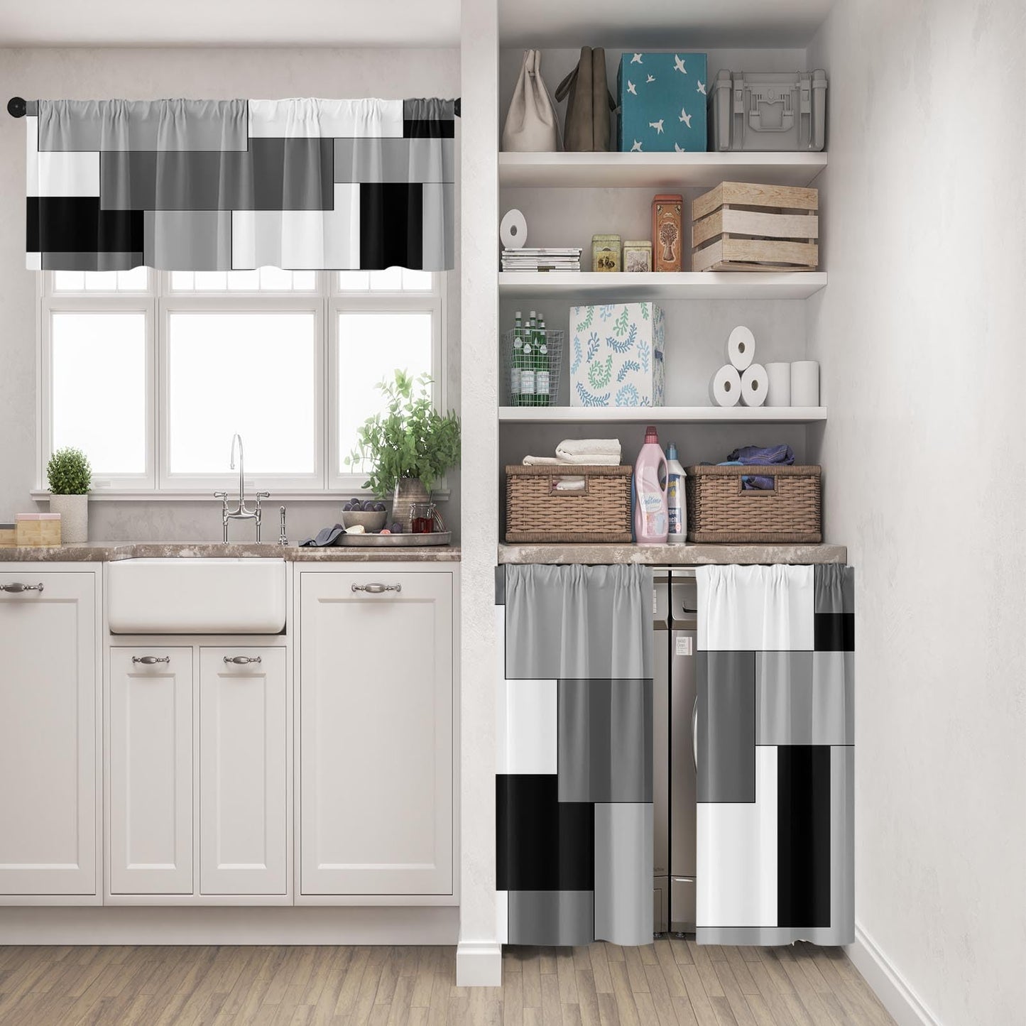 Tayney Black White Gray Kitchen Window Curtains Valance and Tier Set 36 Inch, Dark Grey Modern Geometric Rod Pocket Short Tier Curtain for Bathroom, Small Cafe Drapes for Kitchen Decor