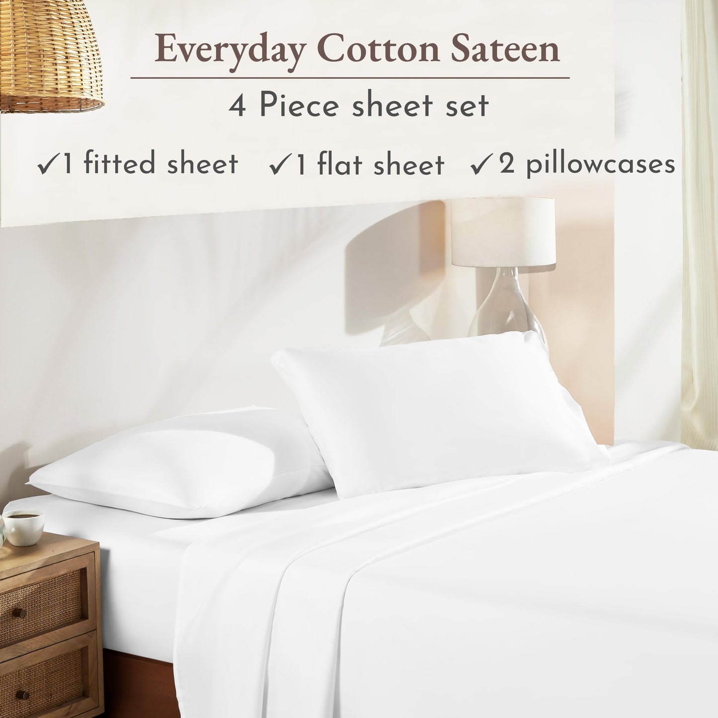 California Design Den Queen Sheet Set - Natural 100% Cotton Sheets Queen Size Bed Set with Deep Pockets, Soft Sateen Weave, Breathable and Durable Bedding (White)