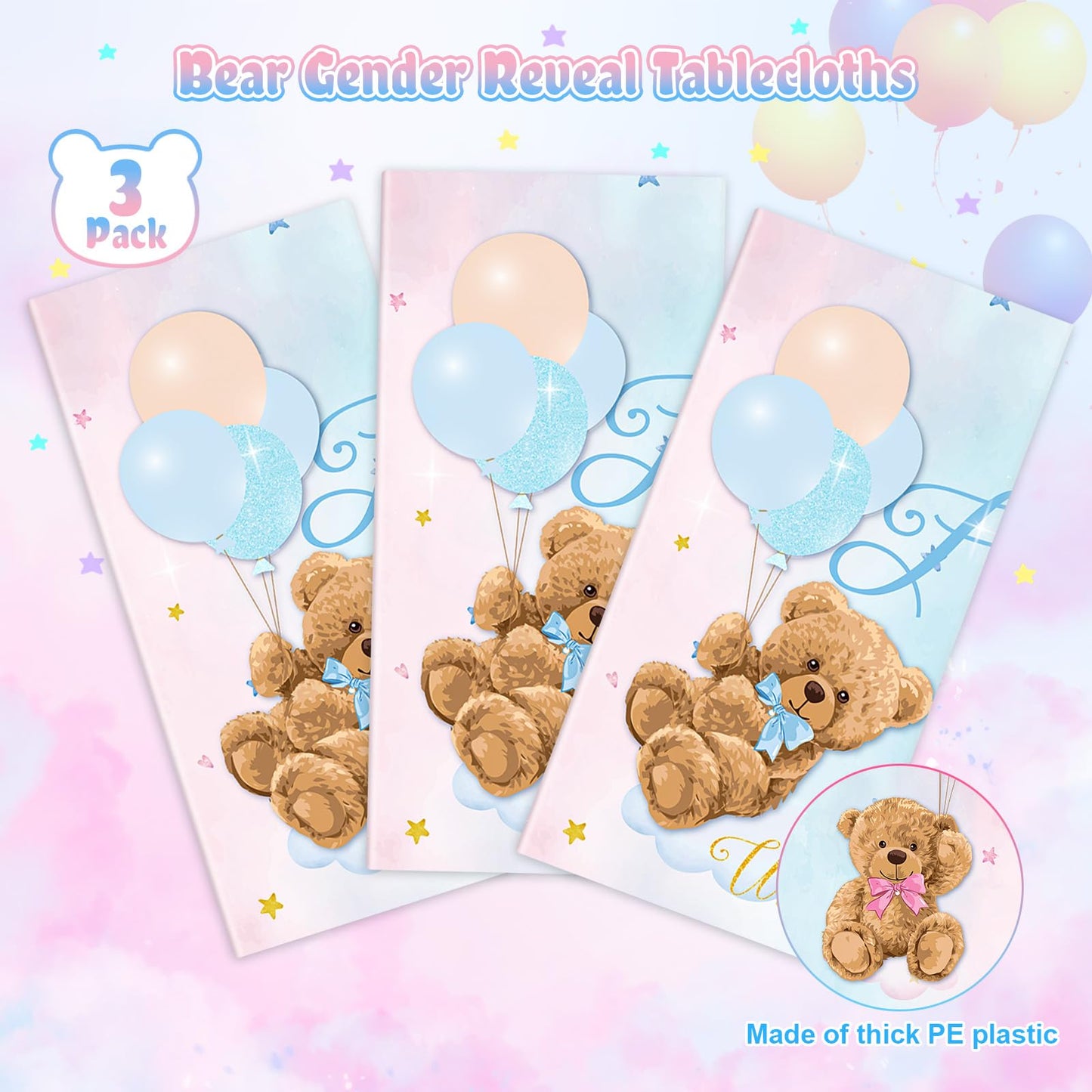 Tiamon 3pcs Bear Gender Reveal Tablecloths Decorations He or She Gender Reveal Table Covers Pink and Blue Rectangle Plastic Bear Baby Shower Table Cloths Party Decorations Supplies, 54 x 108 Inch