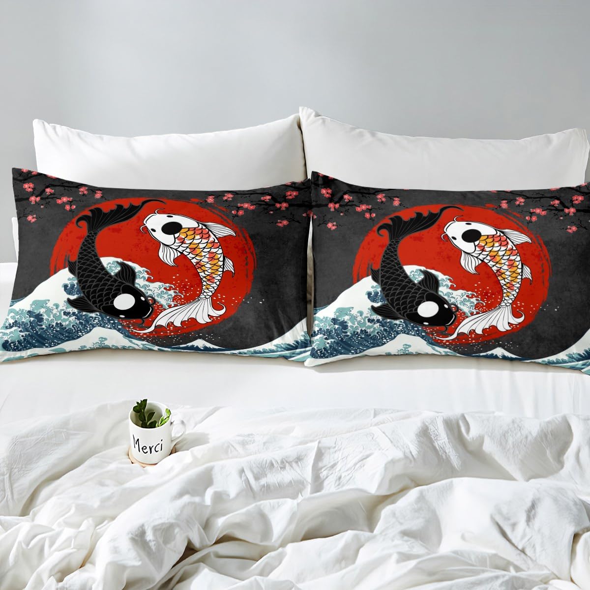Japanese Fish Duvet Cover Set Full Size,Fantasy Yin Yang Cherry Blossom Flowers Comforter Cover with 2 Pillowcases,Blue Sea Wave Breathable Bedspread for Boys Teens,Pillow Sham