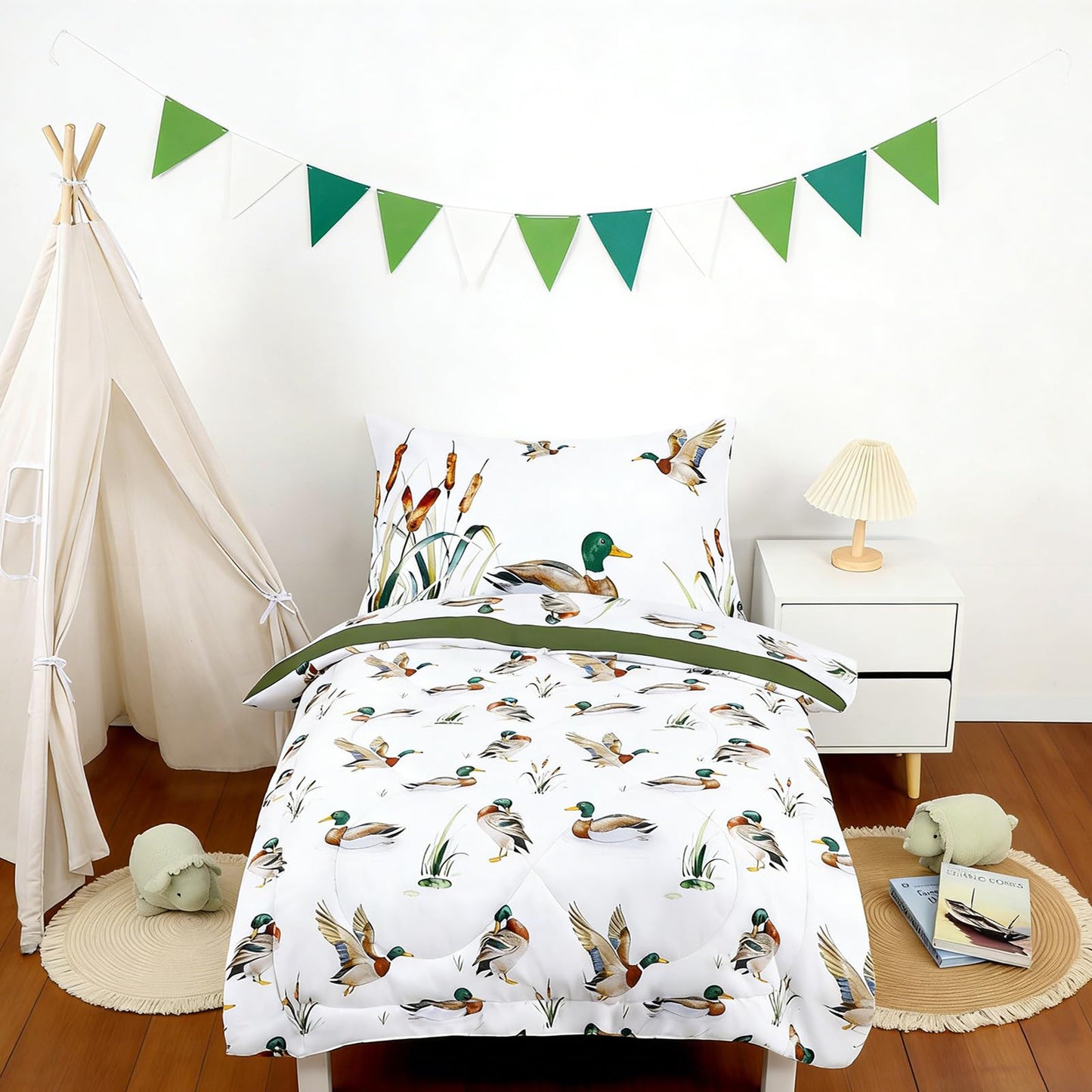 CARUILI Mallard Duck Toddler Bedding Set for Boys, 4 Pieces Soft Microfiber Green Toddler Comforter Set for 28" x 52" Toddler Mattress & Crib, Includes Comforter, Flat Sheet, Fitted Sheet, Pillowcase