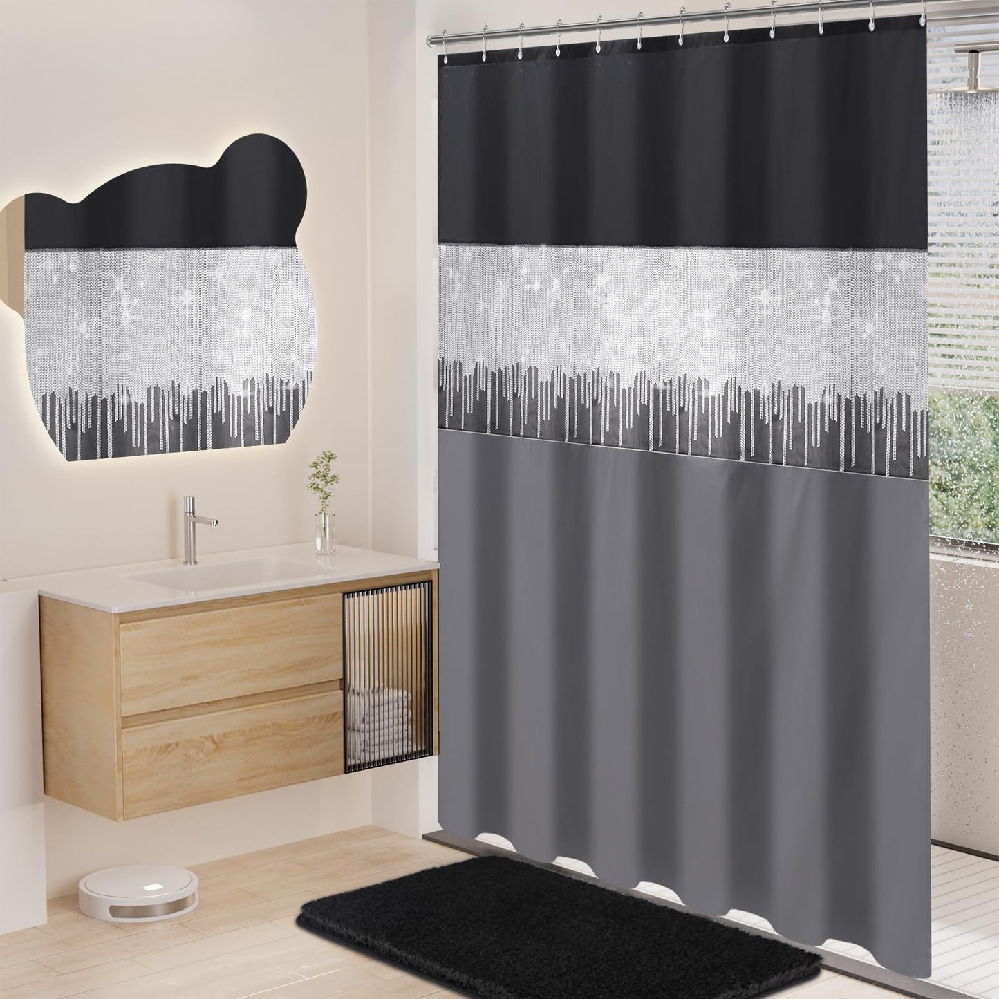 XLHOMO Shower Curtain Set Black Bathroom Sets with Shower Curtain and Rugs Glitter Waterproof Shower Curtain with Non-Slip Bathroom Rugs for Hotel Shower Bathroom Decor