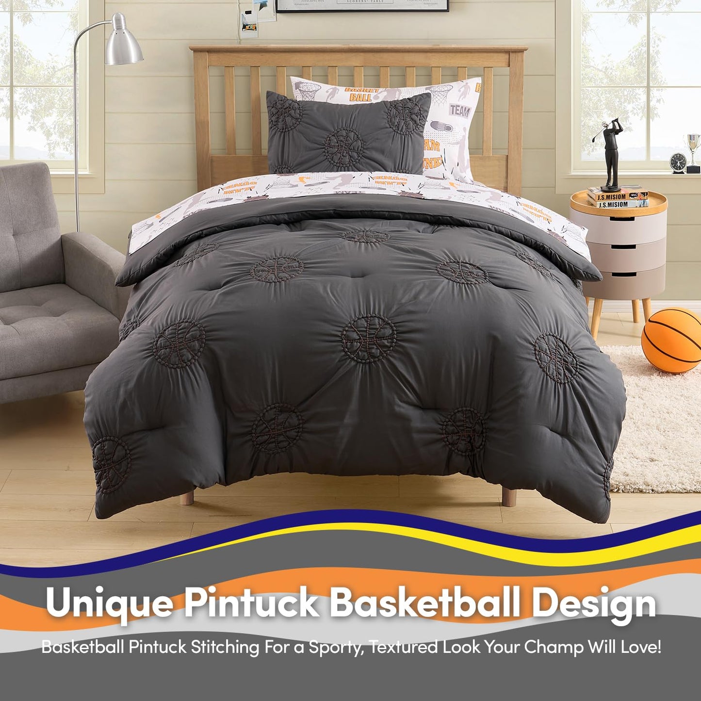 Basketball Pintuck Comforter Set Twin Size – Bed in a Bag with Sheets, Pillowcases & Shams – Soft Stylish Sports Bedding – All Season Boy’s Basketball Bed Set