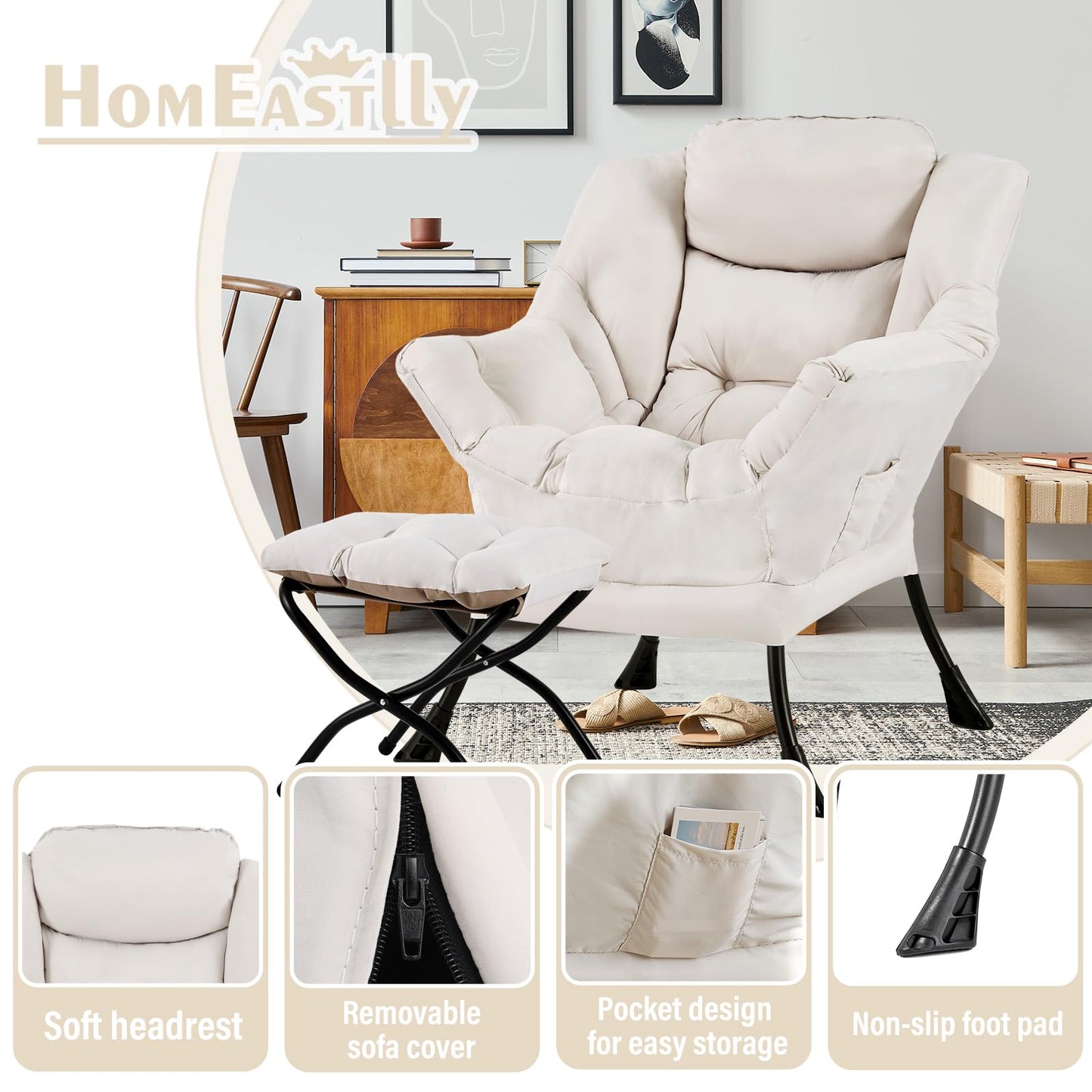 HomEastlly Lazy Chair with Ottoman, Large Beige Accent Chair with Ottoman, Comfy Reading Armchair, Leisure Sofa Chair for Living Room, Bedroom, Dorm Room, Office