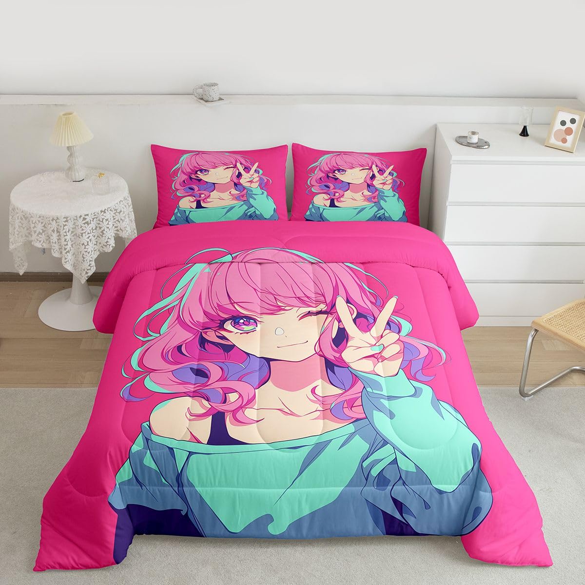 Erosebridal Japanese Anime Bedding 3D Anime Girl Comforter Set 2Pcs, Kawaii Japanese Style Bedding Comforter Sets Cartoon Uniform Girl Duvet Insert for Girls Hot Pink Room Decor, Twin