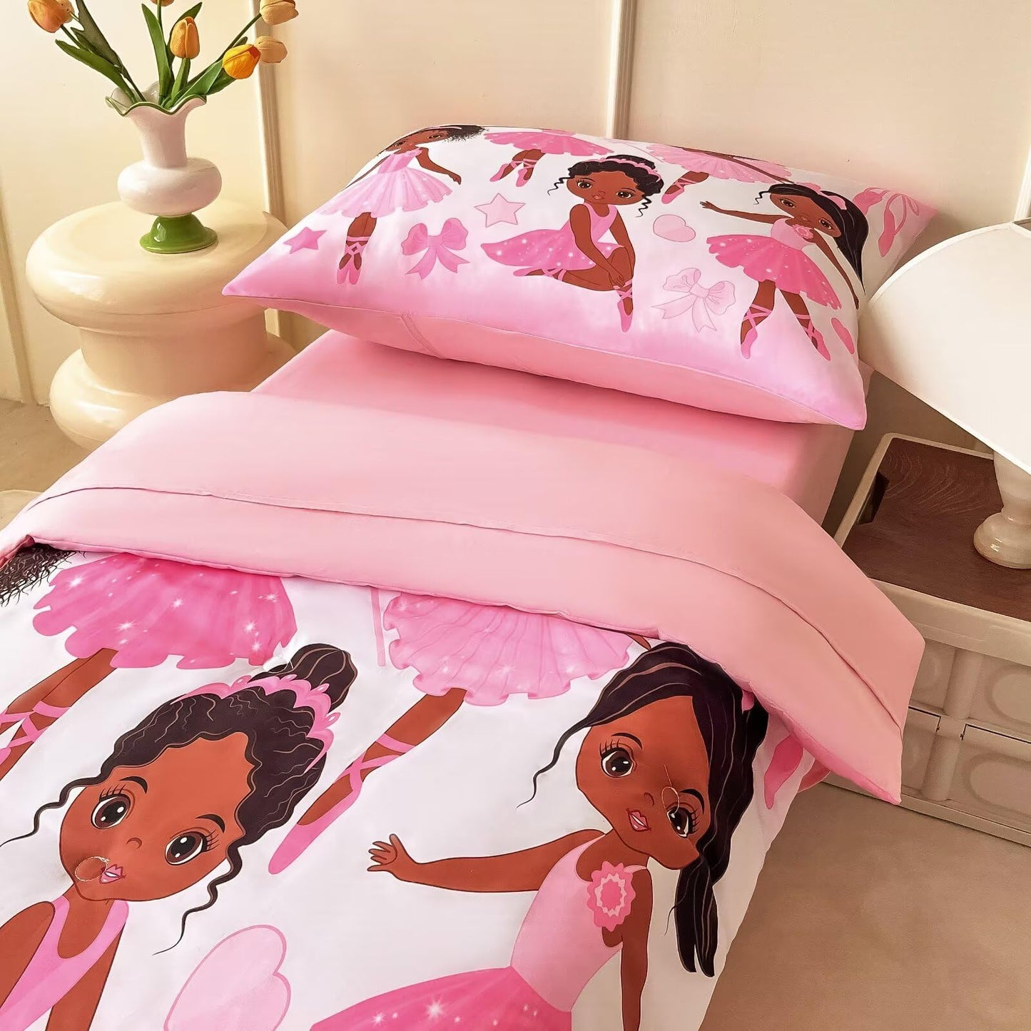 GRAT TIOC 4 Piece Toddler Bedding Set for Girls,Toddler Pink Ballerina Comforter Set,Dancer Princess Toddler Bed Comforter Set Includes Comforter, Flat Sheet,Fitted Sheet,Pillowcas