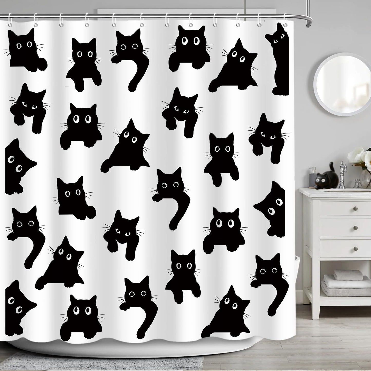APROPHIC Cute Cat Shower Curtain 72x72 Inches, Funny Black Kitten Pattern Waterproof Polyester Bathroom Decor for Bathtub, Machine Washable Privacy Curtain for Bathroom, Bedroom with 12 Hooks