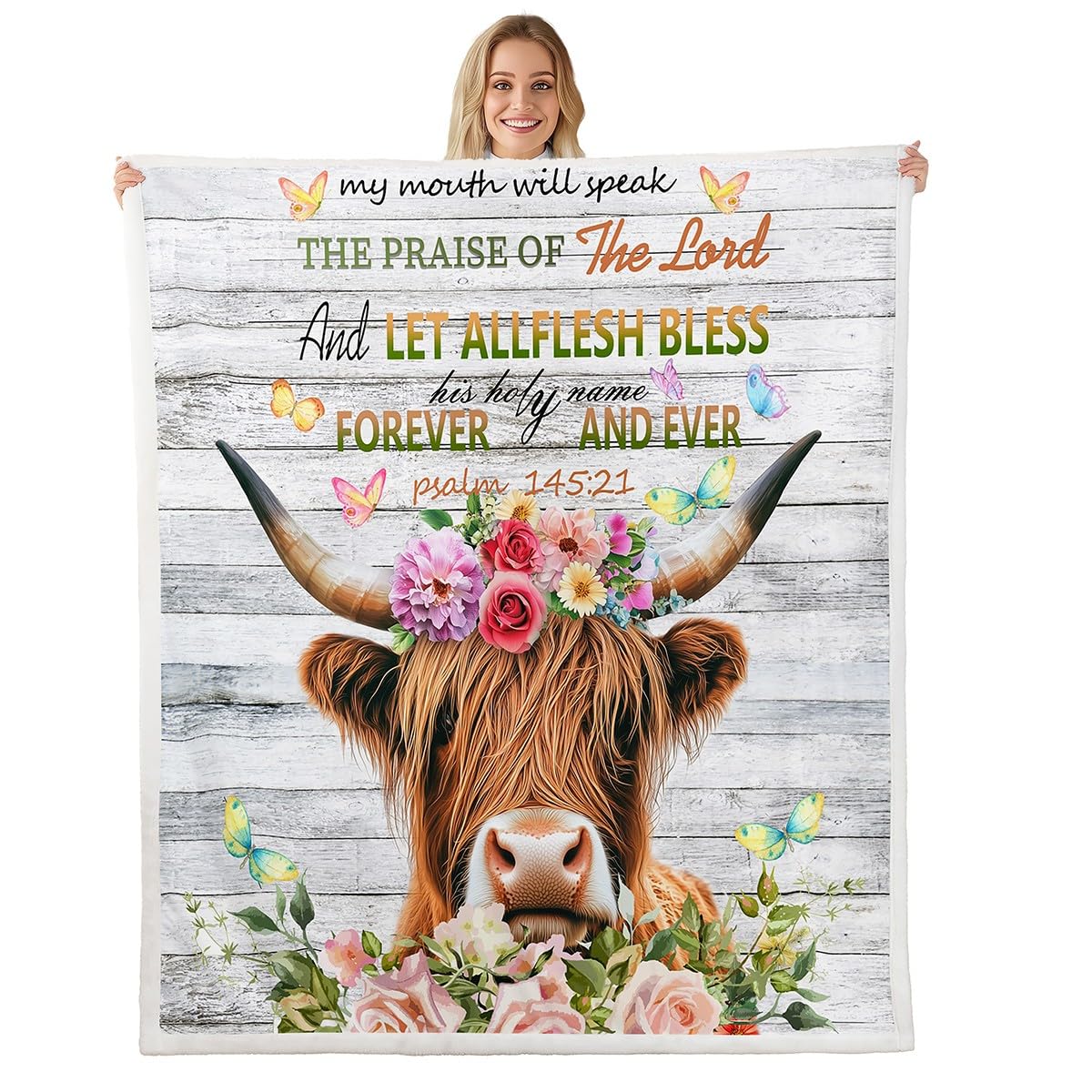 Feelyou Highland Cow Sherpa Blanket Rose Highland Cattle Fleece Throw Blanket for Kids Boys Girls Bull Cattle Plush Blanket Botanical Floral Fuzzy Blanket for Sofa Bed Couch,40x50 Inches
