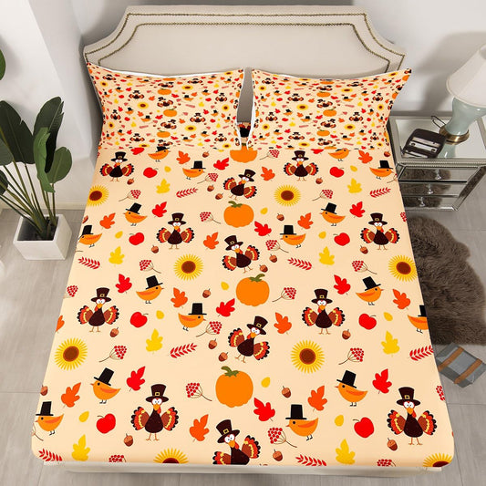Happy Thanksgiving Fitted Sheet Full, Cartoon Turkey Bedding Set Fall Leaves Bed Sheet Set for Kids Boys Girls Pumpkin Bed Cover Harvest Season Bed Set 3Pcs (2 Pillow Cases and a Fitted Sheet)