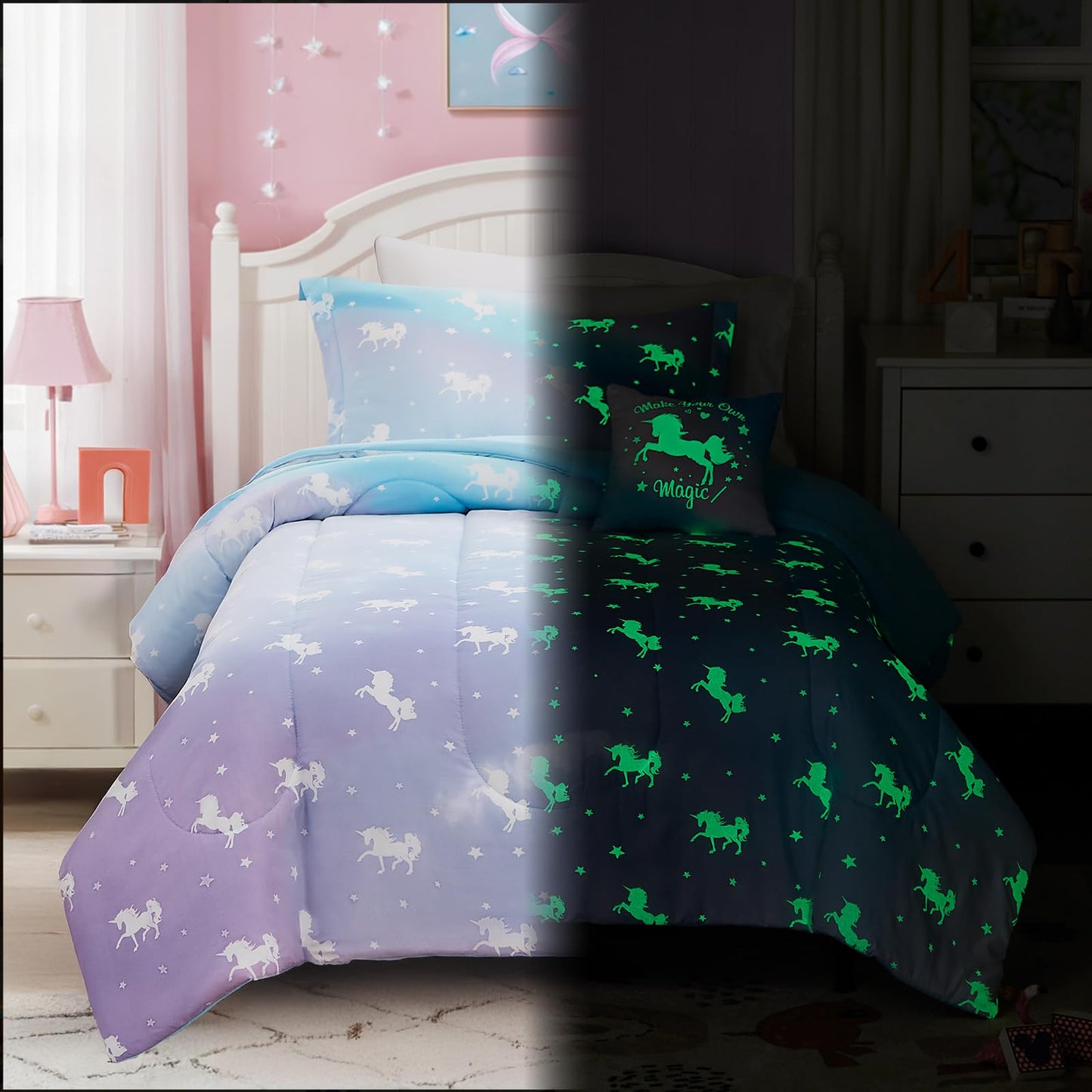Wink Deer Twin Comforter Set for Girls-3 Pieces Unicorn Glow in the Dark Twin Bedding Sets for Kids,1 Comforter,1 Sham and 1 Decor Pillow