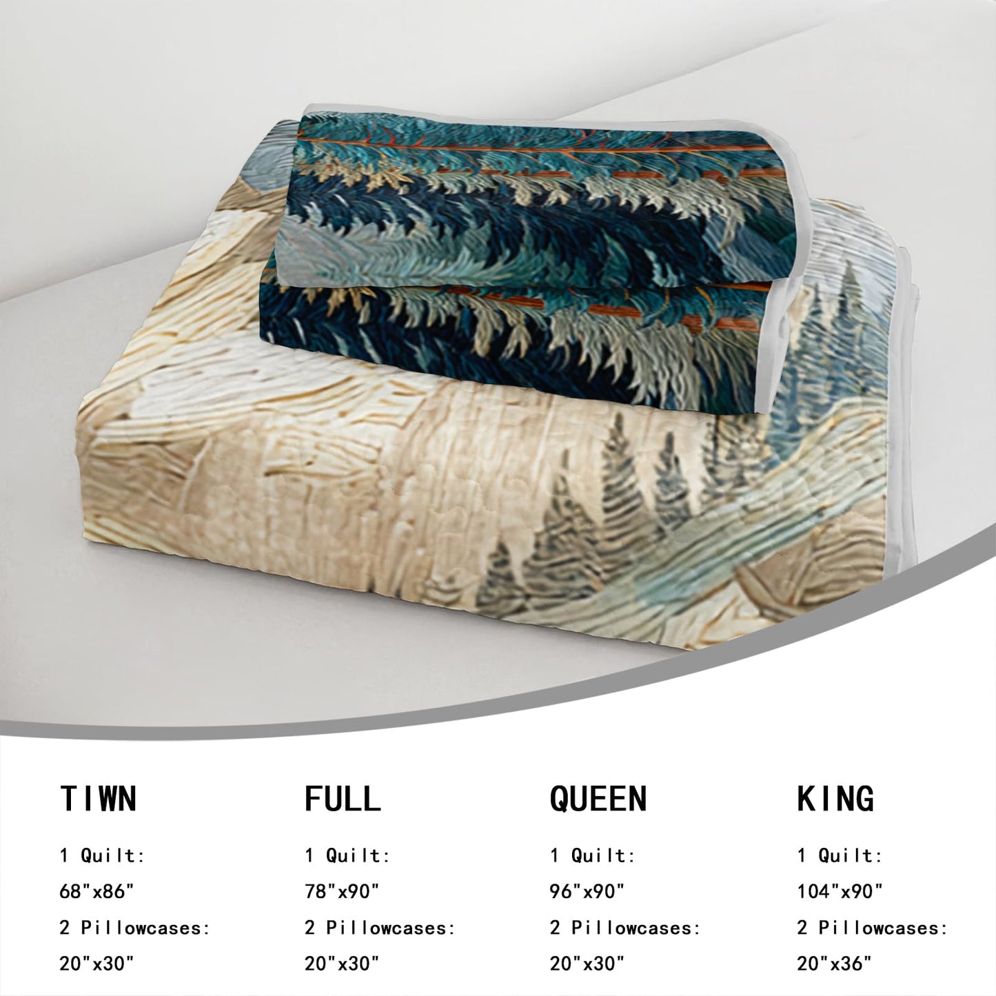 AILONEN Queen Bedspread Coverlet,Mountain Forest Pine Tree Textured Landscape Blue Green Bedding Quilt,2 Pillowcases,Lightweight Microfiber