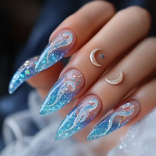 IMSOHOT Blue Press on Nails Almond Medium Fake Nails Glossy False Nails Full Cover Summer Acrylic Glue on Nails for Women DIY Manicure Decoration 24Pcs