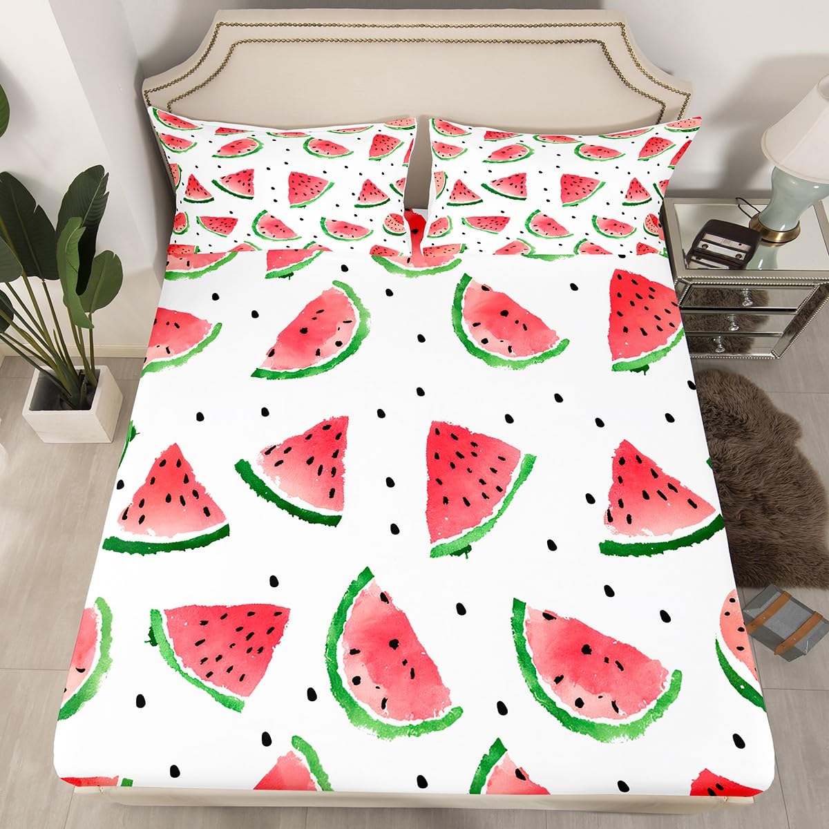 Feelyou Watermelon Bedding Set Kids Boys Girls Delicious Fruit Print Fitted Sheet Watermelon Seeds Bed Sheet Set Cool Summer Bed Cover,Room Decor 3Pcs Sheets Full Size