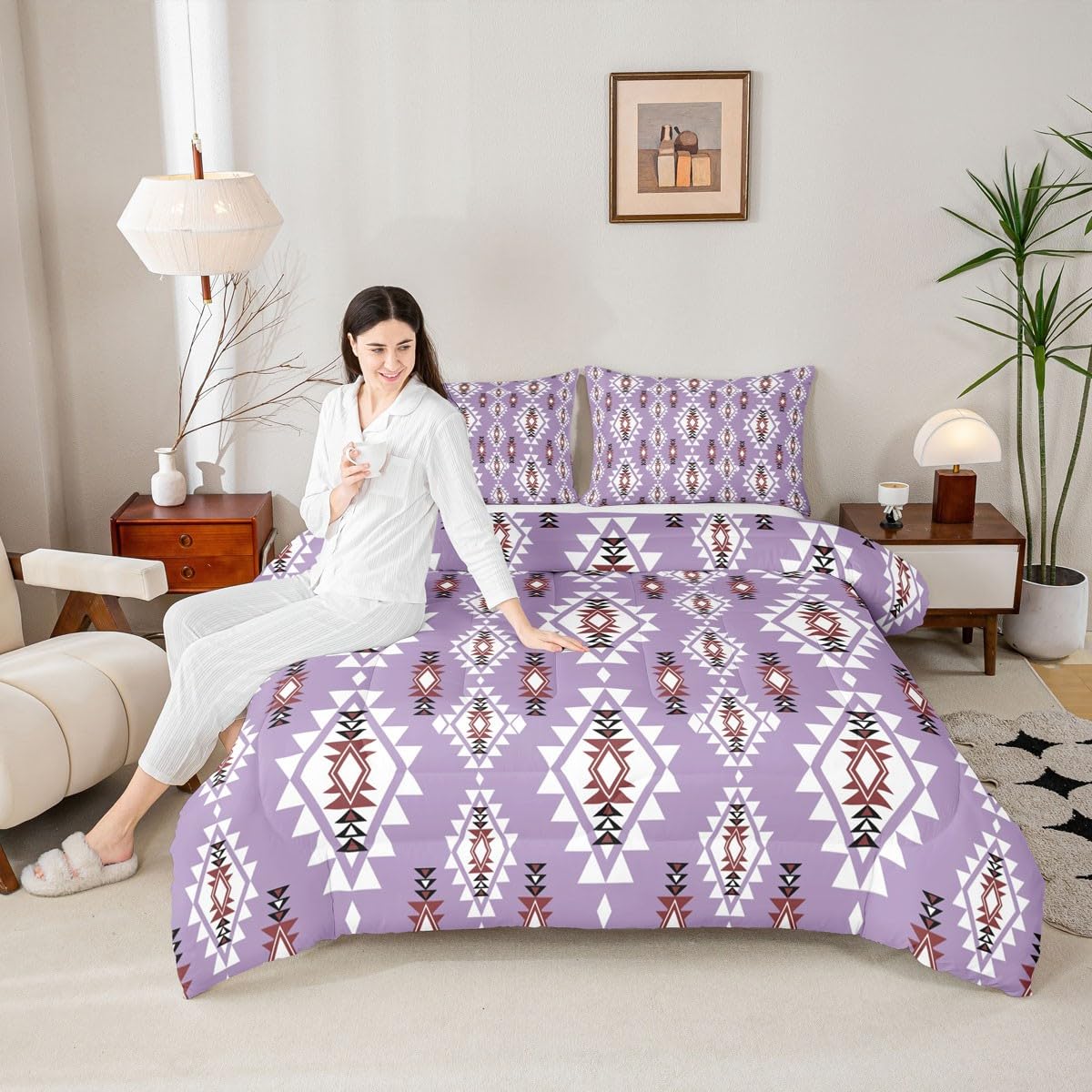 jejeloiu Boho Western Comforter Set All Season Bohemian Southwestern Bedding Set with 2 Pillow Cases Aztec Decor Kids Queen Bedclothes Farmhouse Country Bedroom Duvet Quilt Soft Lightweight