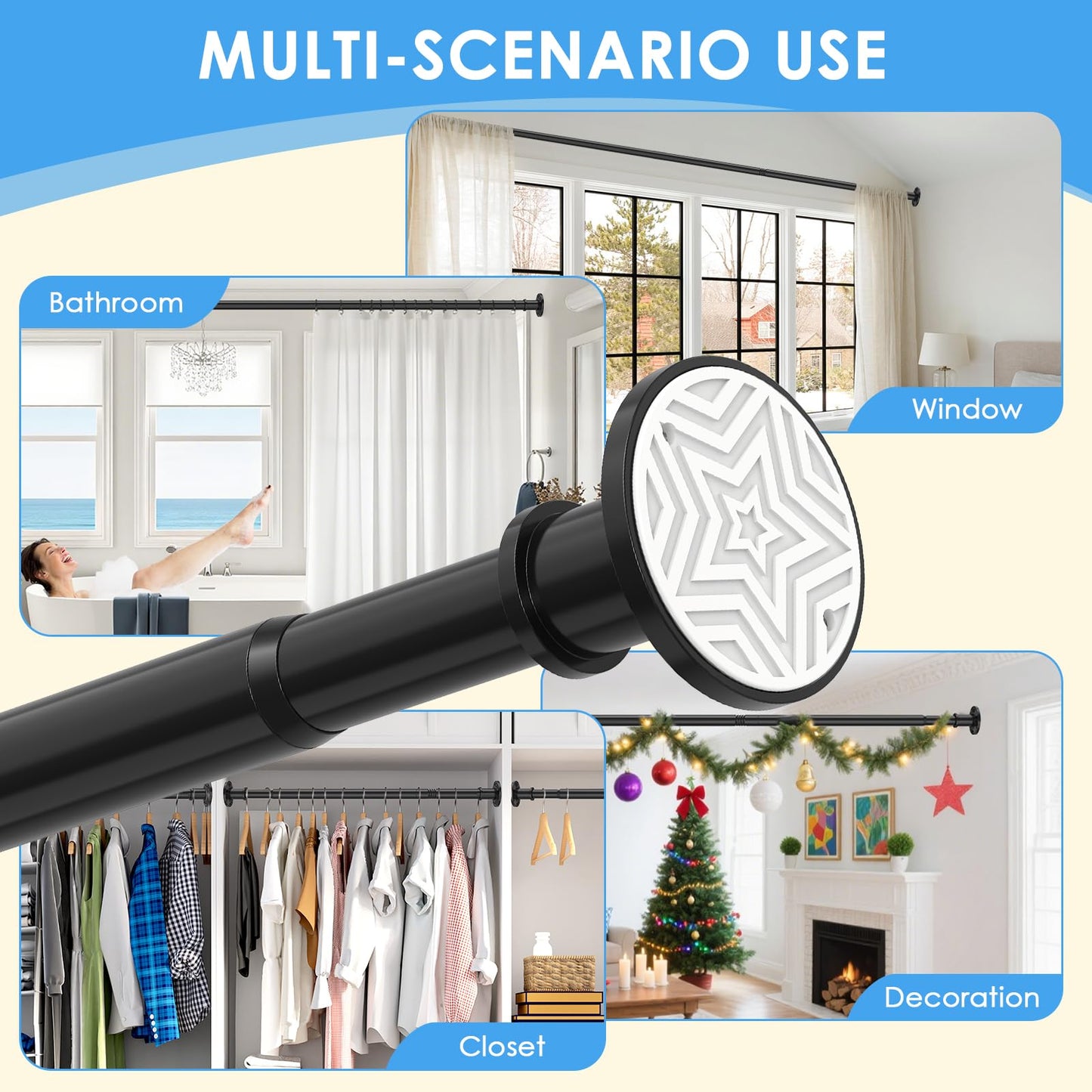 Outdoor Tension Rods 31-132 In(11ft) Adjustable No Drilling Black Long Shower Curtain Rods for Bathroom Patio Stainless Steel Rustproof Heavy Duty Thick Spring Rod Balcony Window Apartments Non Slip