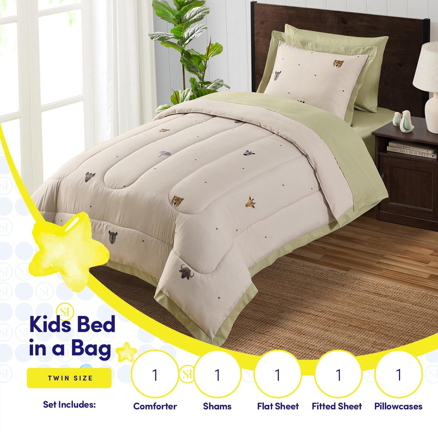 Kids Jungle Safari Comforter Set Twin Size – Bed in a Bag with Savanna Animals, Sheets, Pillowcases & Shams – Soft Bedding with Lions, Giraffes, Elephants, and More – Boys or Girls Bedroom Decor