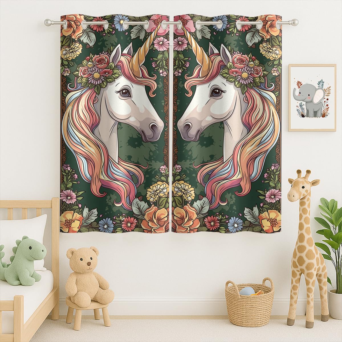 Unicorn Princess Blackout Curtains for Girls Boys Kids Teens Home Decor, Flowers Fantasy Art Unicorn Grommet Thermal Insulated Drapes Darkening Window Curtain for Bedroom Living Room, 42 x 45 Inch