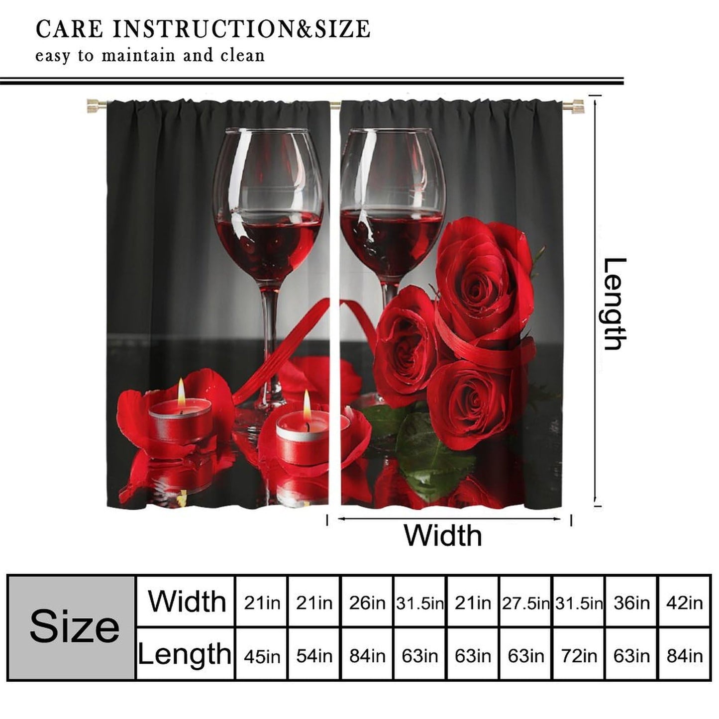 GoDazzling Rose Wine Blackout Curtains, Red Floral Valentine Blossom Romantic Lover Art Printed Window Drapes, for Living Room Bedroom Kitchen 42" W X 45" L