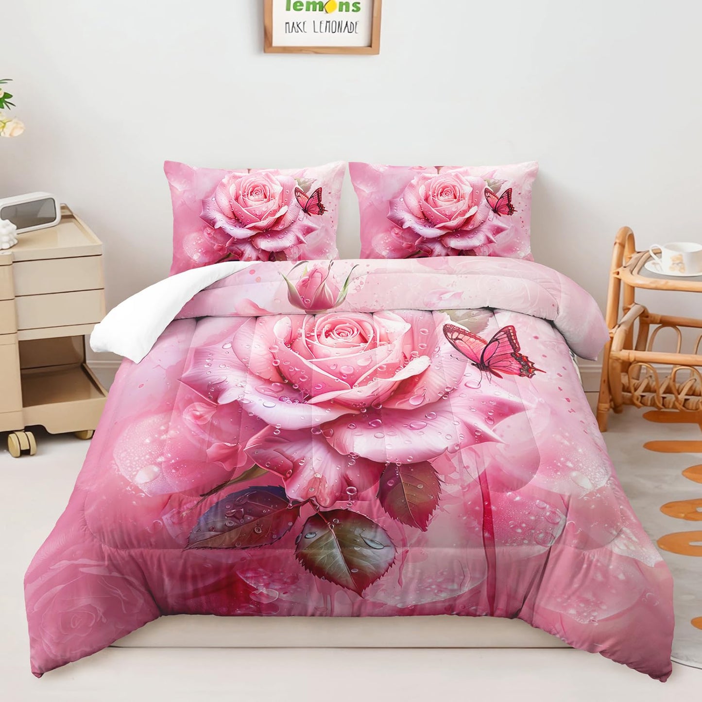 AILONEN Pink Rose Comforter Set Queen Size,Rose Flower Butterfly Bedding Set for Girls Women,Modern Romantic Floral Printed Art Pink Comforter with 2 Pillowcases,3 Piece Soft Microfiber