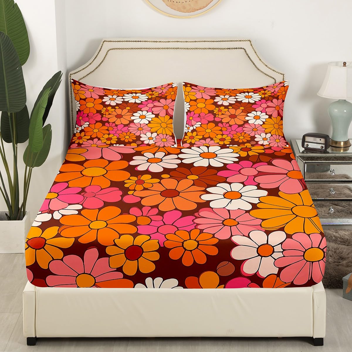 Erosebridal Groovy Floral Queen Sheet Set for Girls Retro Flower Sheets Chic Daisy Sheet & Pillowcase Sets Groovy Party Decorations Bed Sheets 70s Party Decorations Fitted Sheet 2 Pillowcase