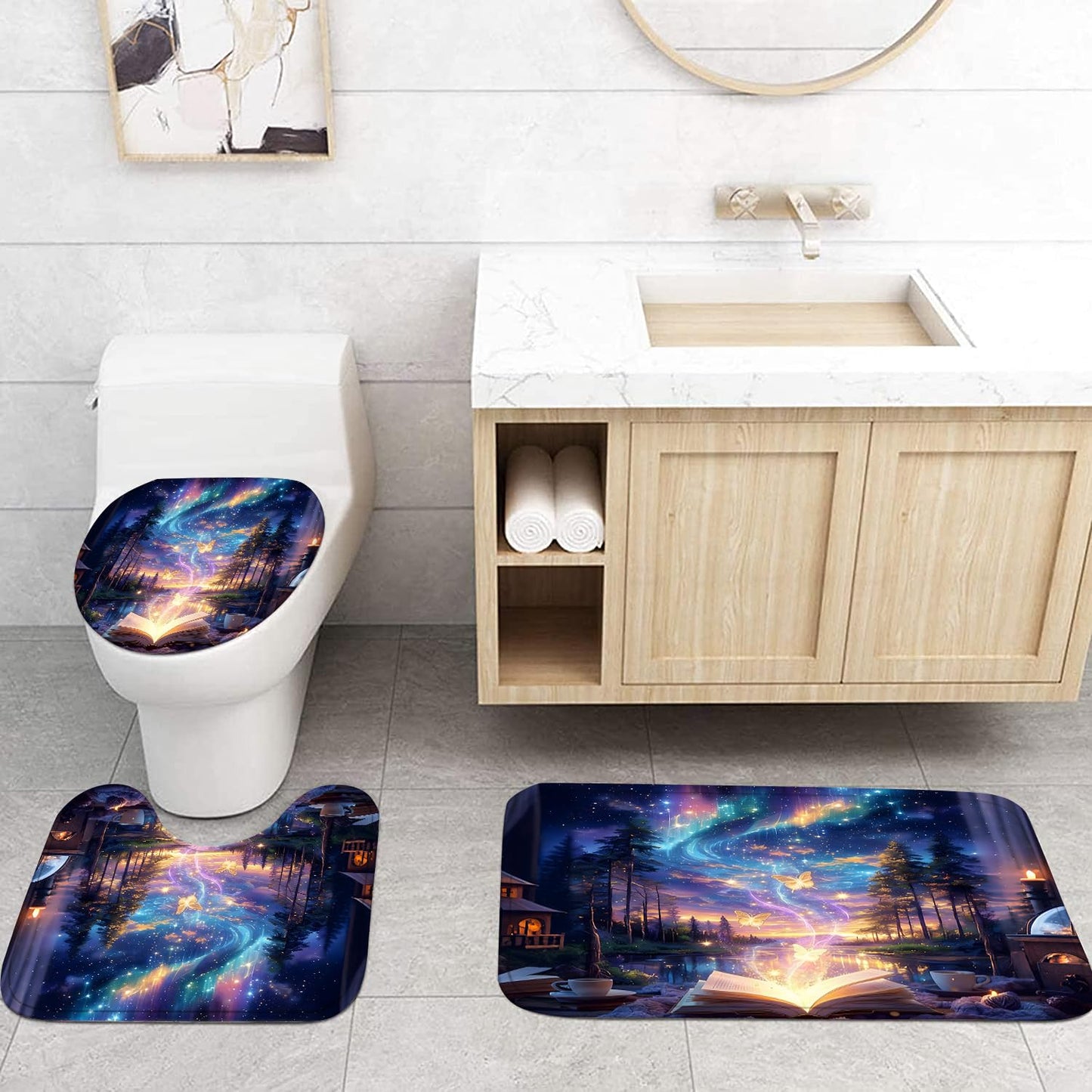 4Pcs Book Forest Starry Shower Curtain Sets with Non-Slip Rugs,Toilet Lid Cover and Bath Mat,Aurora Pattern Home Bathroom Decor Set Accessories Waterproof Shower Curtains with 12 Hooks,72 x 72 Inch