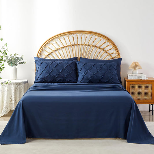 AiMay 6PC Sheet Pillowcase Set Deep Pocket Double Brushed Microfiber Soft Durable Solid Color Wrinkle Free 1 Flat Sheet 1 Fitted Sheet 2 Pillowcases 2 Pinch Plated Pillowcases(Navy Blue, Queen)