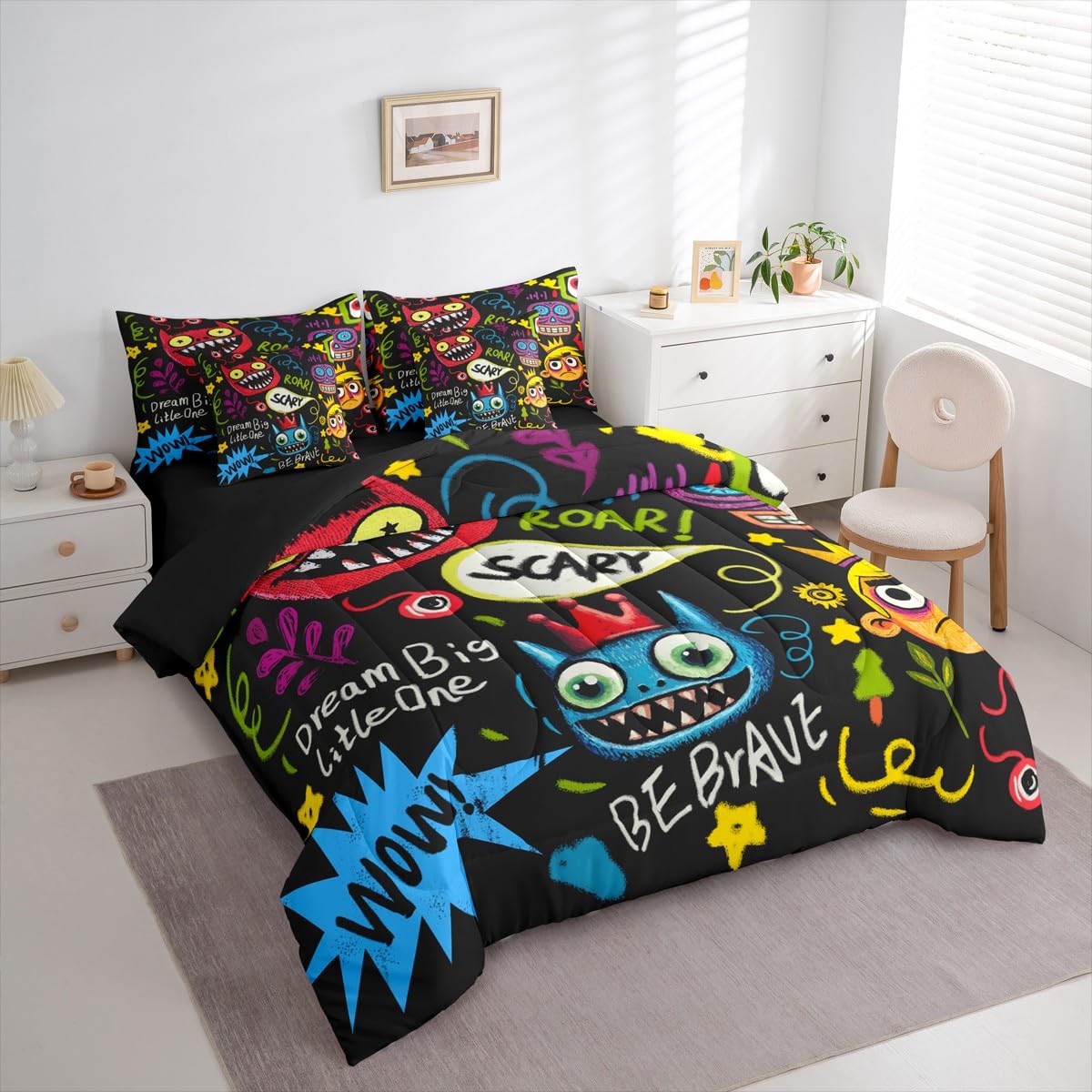 jejeloiu Hippie Graffiti Style Comforter Set Twin Size 7 Pieces Hip Hop Decor Bedding Set for Kids Boys Girls Street Culture Bed in a Bag Bedroom Decor All Season Quilted Breathable Soft Lightweight