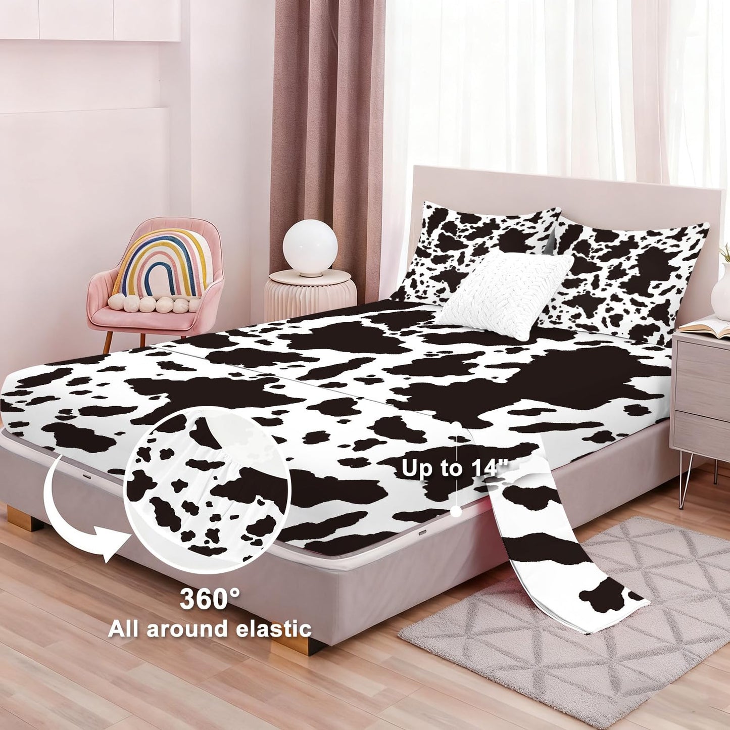 VTKON Cow Print Fitted Sheet Set Farmhouse Bed Set Twin for Boys and Grils, Cottage Milk Sheets Set with Deep Pocket, Cute Cow Bed Set with 1 Flat Sheet, 1 Fitted Sheet and 1 Pillowcase