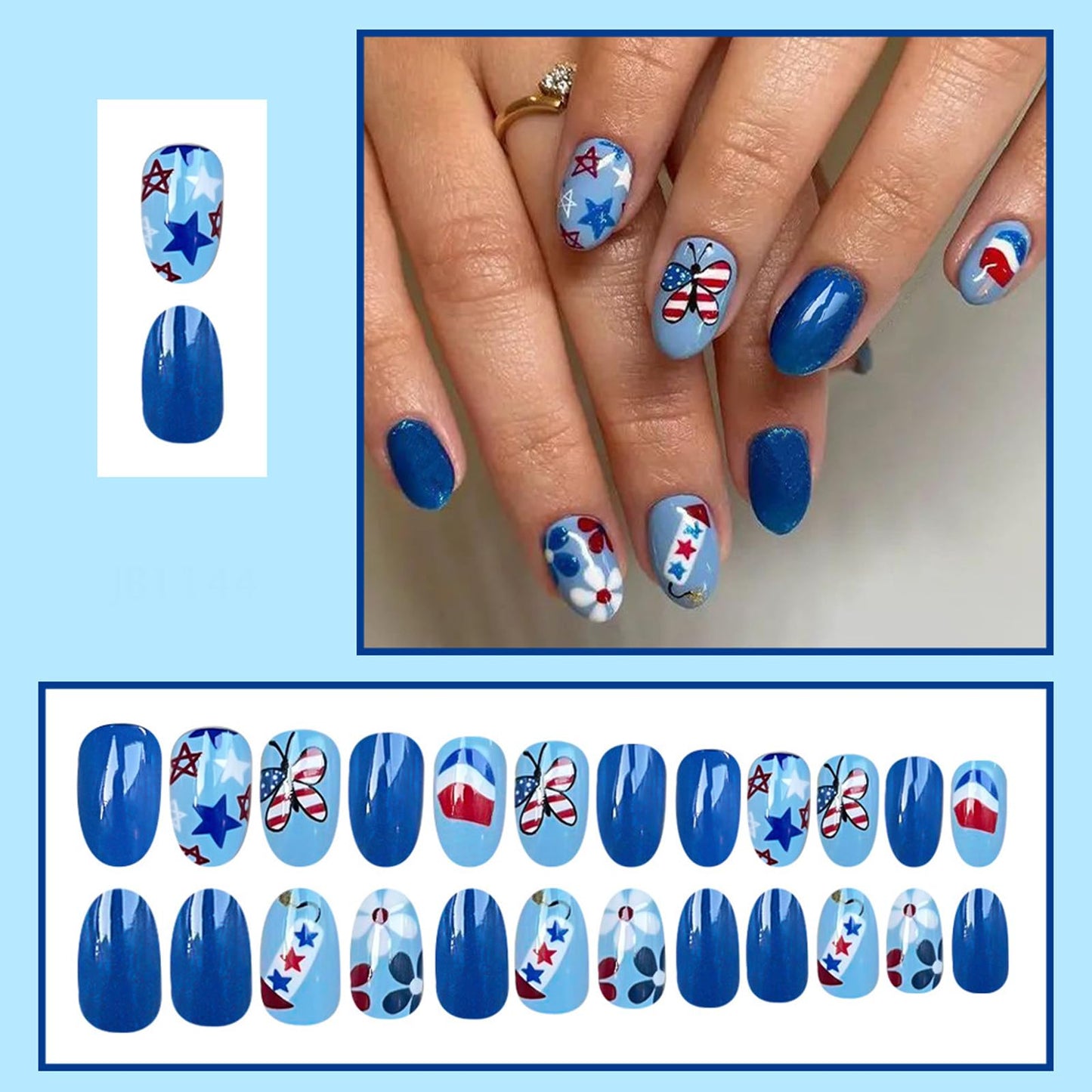 24Pcs Independence Day Blue Press on Nails Short Oval Fake Nails with Star Butterfly Flower Stick on Nails July 4th Acrylic Nail Art Reusable Glossy False Nails Full Cover Glue on Nails for Women