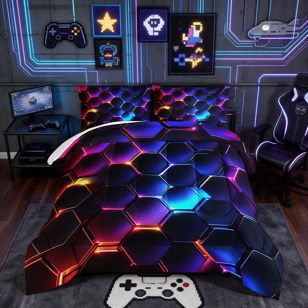 HOSIMA 3D Honeycomb Comforter Set - Queen Size, Geometric Hexagon Pattern Bedding Set for Kids Teens Boys Room Decor, Purple Blue Neon Lights Comforter Set with 2 Pillowcases