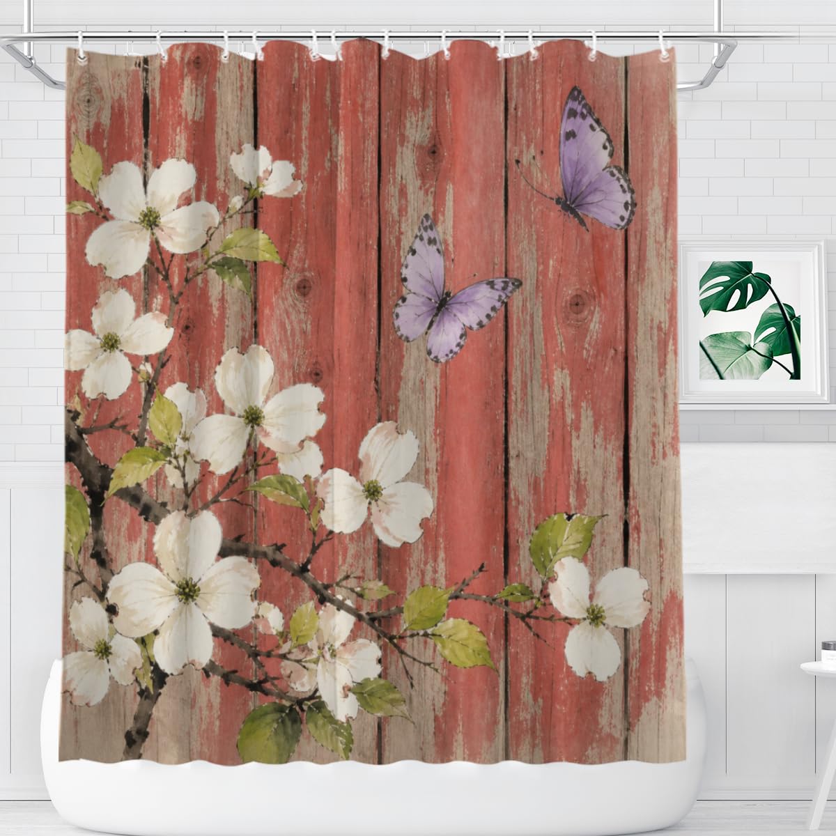 TopPacific White Blossom Red Wood Shower Curtain 72x72 Inch Shower Curtain with 12 Hooks Polyester White Blossoms Butterflies Red Wood Fence Bathroom Decor