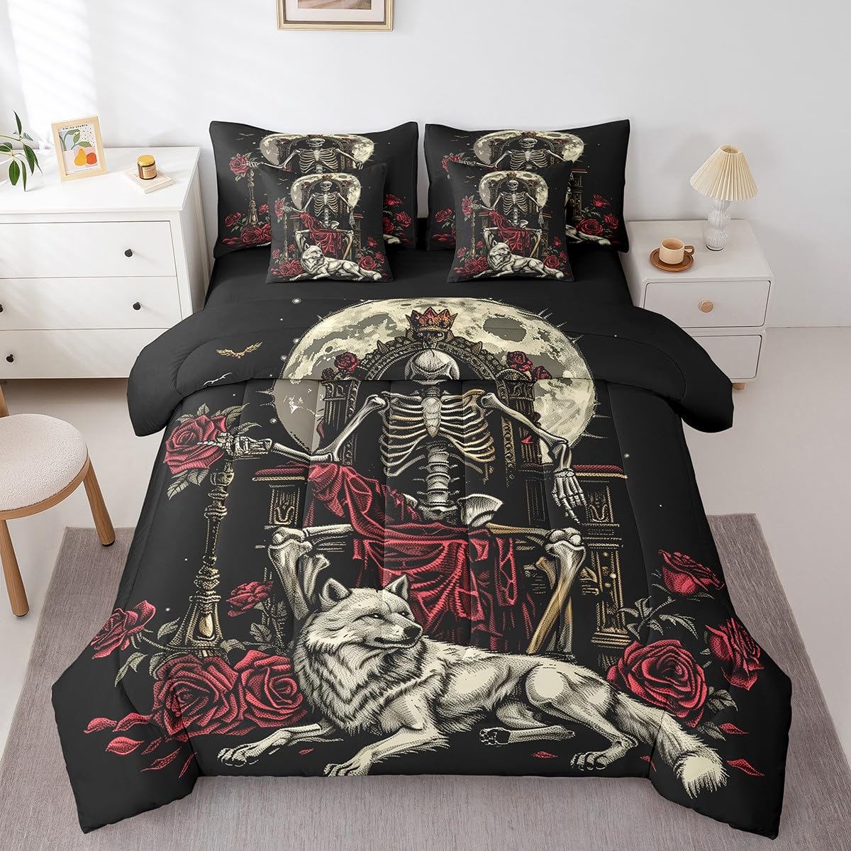 Erosebridal King Skull Bed in A Bag Red Roses Valentine's Day Comforter Set Full Size,Starry Sky Moon 7 Piece Bedding Set Wildlife Wolf Bed Set for Adults Men Women Room Decor