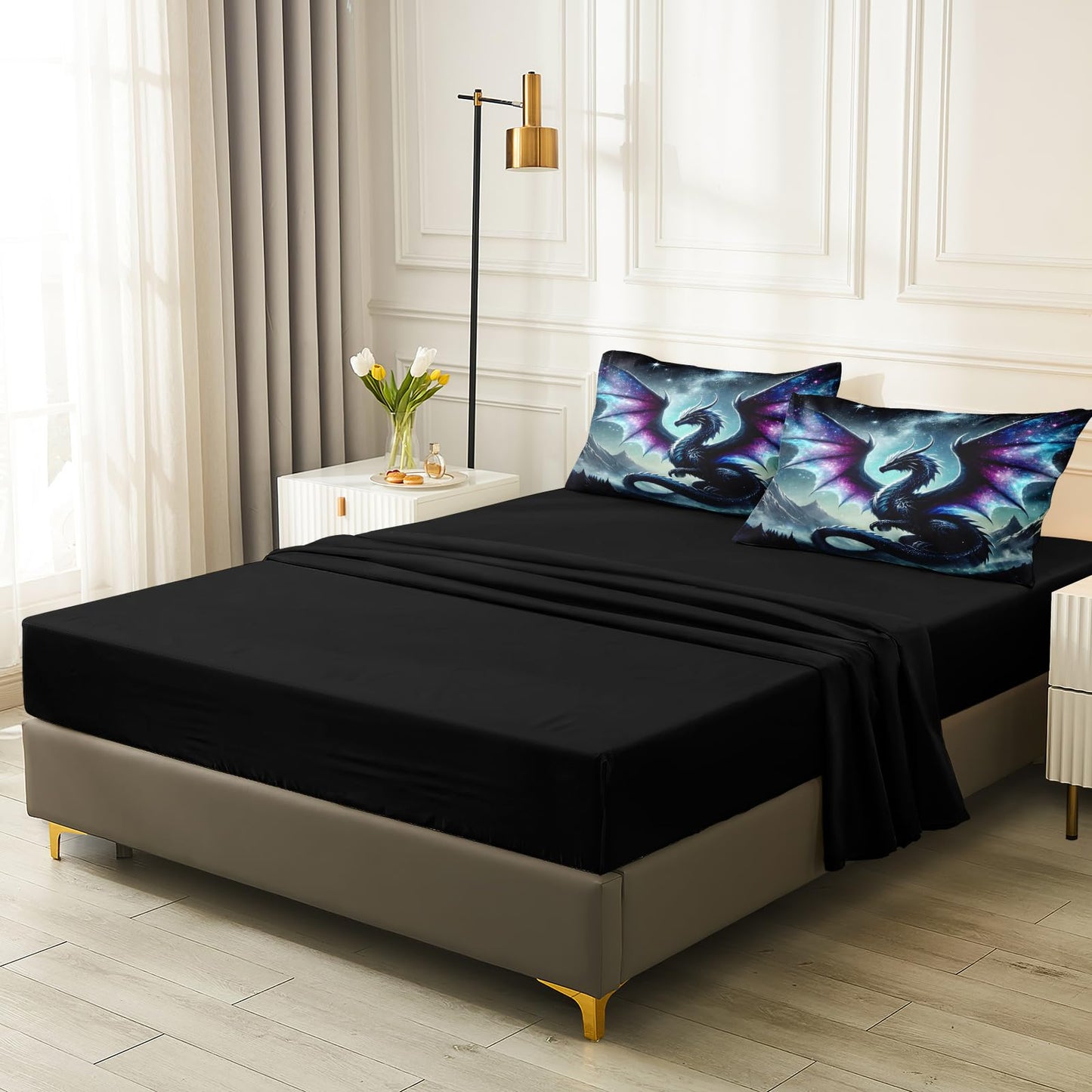 Bedbay Dragon Comforter Set Galaxy Fantasy Bedding Quilt Set Soft King Comforter Bed Set with Sheets Boys Teen Mythical Beast Dragon Digital Print 8 Pieces Bed in a Bag Set with Cushion Cover