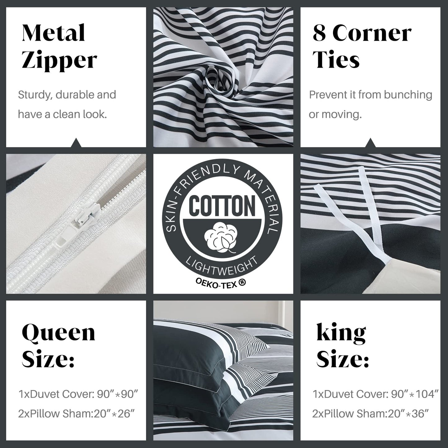 CozyDH Duvet Cover Set King Size - 100% Cotton 400 Thread Count Lightweight Soft Modern, 3 Pieces Striped Bedding Set with 8 Ties Zipper Closure (Black Gray, 104x90, NO Comforter)