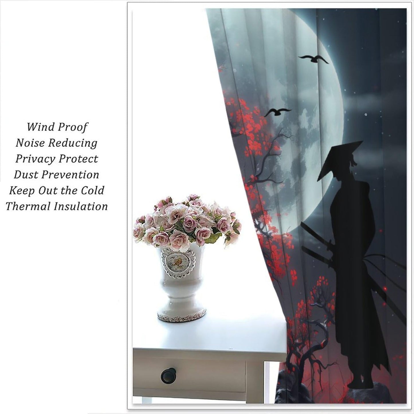 Llylumty Japanese Samurai Blackout Curtain Japanese Plum BlossomMoon Night Tree Modern Art Style Rod Pocket Window Drapes for Living Room Decor 21x45in,2 Panel Set